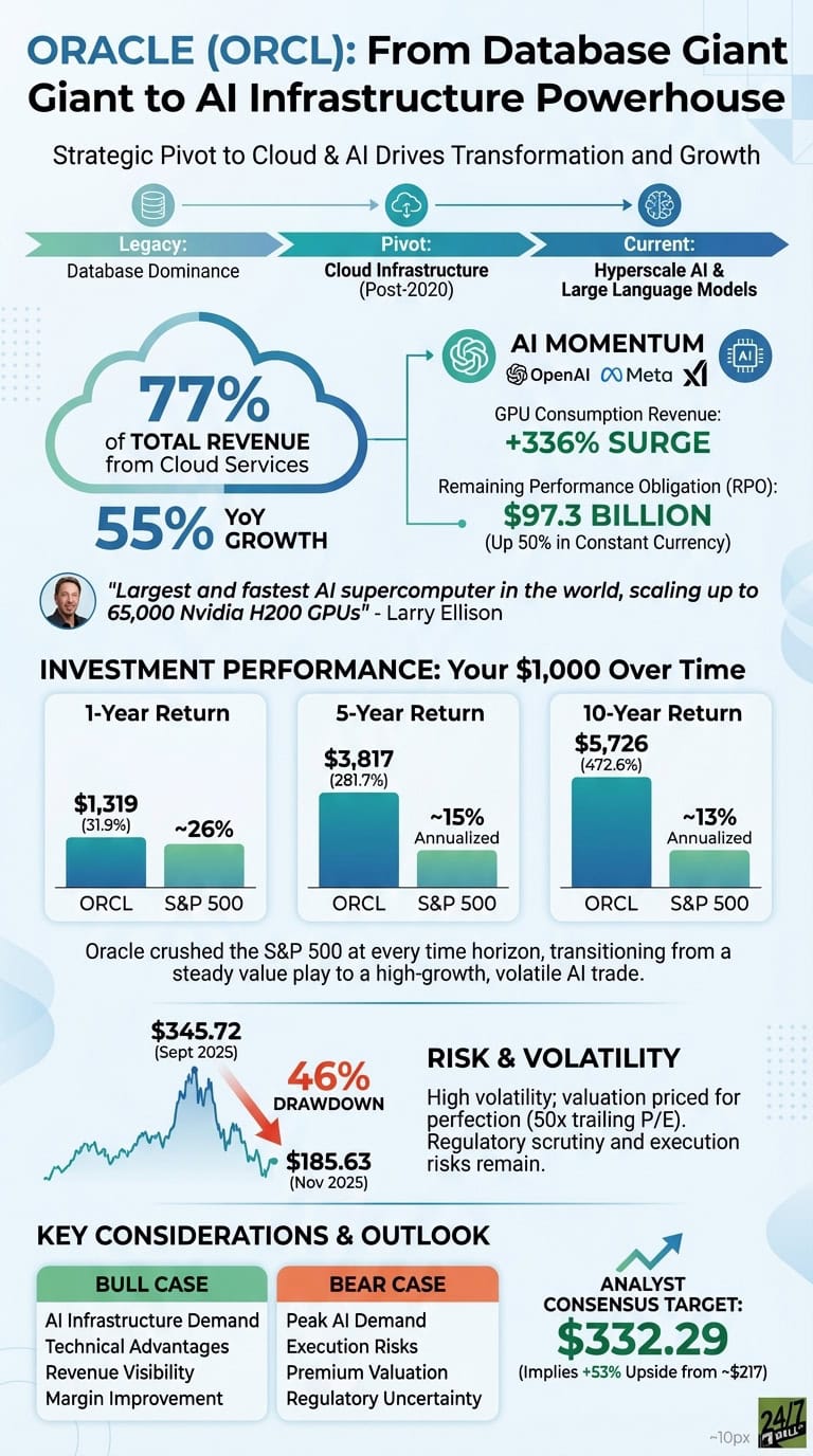 An infographic titled 'ORACLE (ORCL): From Database Giant to AI Infrastructure Powerhouse'. It illustrates Oracle's strategic pivot through three phases: Legacy (Database Dominance), Pivot (Cloud Infrastructure), and Current (Hyperscale AI &amp; LLMs). Key data points include 77% of total revenue from Cloud Services, 55% YoY growth, a +336% GPU consumption revenue surge, and $97.3 billion in Remaining Performance Obligation. A quote from Larry Ellison highlights Oracle's AI supercomputer. Investment performance charts compare ORCL's 1-year ($1,319, 31.9%), 5-year ($3,817, 281.7%), and 10-year ($5,726, 472.6%) returns to the S&amp;P 500's performance. A 'Risk &amp; Volatility' section shows a 46% stock drawdown from $345.72 (Sept 2025) to $185.63 (Nov 2025) and lists associated risks. 'Key Considerations &amp; Outlook' provides bull case factors (AI Infrastructure Demand, Technical Advantages, Revenue Visibility, Margin Improvement) and bear case factors (Peak AI Demand, Execution Risks, Premium Valuation, Regulatory Uncertainty). An analyst consensus target of $332.29 is also displayed.