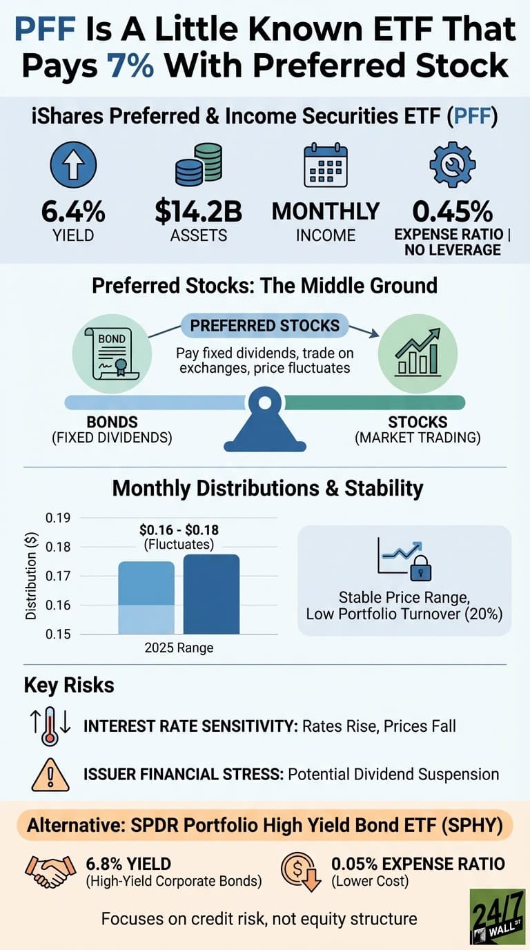 An infographic titled 'PFF Is A Little Known ETF That Pays 7% With Preferred Stock'. The header section for 'iShares Preferred &amp; Income Securities ETF (PFF)' displays four key metrics with icons: a rising arrow for 6.4% Yield, stacked coins for $14.2B Assets, a calendar for Monthly Income, and a gear for 0.45% Expense Ratio and No Leverage. Below, a diagram illustrates 'Preferred Stocks: The Middle Ground' on a seesaw, balancing 'Bonds (Fixed Dividends)' on one side and 'Stocks (Market Trading)' on the other, with a description that preferred stocks pay fixed dividends, trade on exchanges, and prices fluctuate. A bar chart titled 'Monthly Distributions &amp; Stability' shows a 2025 Range of distribution from $0.16 to $0.18, with a note 'Stable Price Range, Low Portfolio Turnover (20%)'. The 'Key Risks' section lists 'Interest Rate Sensitivity: Rates Rise, Prices Fall' with a thermometer icon, and 'Issuer Financial Stress: Potential Dividend Suspension' with an exclamation mark icon. The 'Alternative: SPDR Portfolio High Yield Bond ETF (SPHY)' section details 6.8% Yield (High-Yield Corporate Bonds) with a handshake icon, and 0.05% Expense Ratio (Lower Cost) with a dollar sign icon, noting it 'Focuses on credit risk, not equity structure'. The infographic uses a color scheme primarily in shades of blue and green, with accent colors.