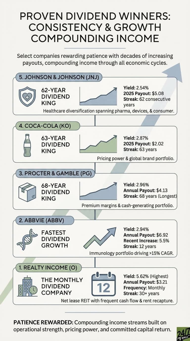 An infographic titled 'Proven Dividend Winners: Consistency &amp; Growth Compounding Income'. It features a vertical list of five companies, numbered 1 to 5, demonstrating long-term dividend performance, visualized with icons and upward-trending charts. Each entry shows the company name and ticker, a unique icon (shield for JNJ, bottle for KO, box for PG, DNA for ABBV, building for O), a short descriptor, a small line graph (or calendar for Realty Income), and key metrics including dividend yield, payout amount, and consecutive years of dividend increases (streak). The companies listed from top to bottom (5 to 1) are: Johnson &amp; Johnson (JNJ) with a 62-year streak and 2.54% yield; Coca-Cola (KO) with a 63-year streak and 2.87% yield; Procter &amp; Gamble (PG) with the longest streak at 68 years and 2.96% yield; AbbVie (ABBV) showing fastest growth with a 12-year streak and 2.94% yield; and Realty Income (O), a monthly dividend company, with a 30+ year streak and the highest yield at 5.62%. The infographic emphasizes how compounding income streams reward patience, operational strength, pricing power, and committed capital return.