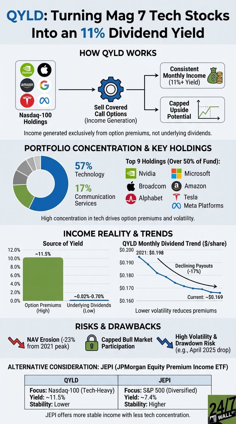 An infographic titled 'QYLD: Turning Mag 7 Tech Stocks Into an 11% Dividend Yield'. It is divided into five sections. The first section, 'How QYLD Works', shows a flowchart from 'Nasdaq-100 Holdings' (featuring logos for Nvidia, Apple, Amazon, Google, Tesla, Meta Platforms) to 'Sell Covered Call Options (Income Generation)', which then splits into 'Consistent Monthly Income (11%+ Yield)' and 'Capped Upside Potential'. Text notes income is generated exclusively from option premiums. The second section, 'Portfolio Concentration &amp; Key Holdings', includes a pie chart showing 57% Technology and 17% Communication Services, and lists top 9 holdings: Nvidia, Microsoft, Broadcom, Amazon, Apple, Alphabet, Tesla, Meta Platforms. The third section, 'Income Reality &amp; Trends', features a bar chart showing yield sources: ~11.5% from Option Premiums and 0.02%-0.70% from Underlying Dividends. A line chart illustrates 'QYLD Monthly Dividend Trend ($/share)' showing declining payouts (-17%), from $0.198 in 2021 to ~$0.169 currently. The fourth section, 'Risks &amp; Drawbacks', lists 'NAV Erosion (-23% from 2021 peak)', 'Capped Bull Market Participation', and 'High Volatility &amp; Drawdown Risk (e.g., April 2025 drop)'. The final section, 'Alternative Consideration: JEPI', provides a table comparing QYLD and JEPI. QYLD details: Focus Nasdaq-100 (Tech-Heavy), Yield ~11.5%, Stability Lower. JEPI details: Focus S&amp;P 500 (Diversified), Yield ~7.4%, Stability Higher.