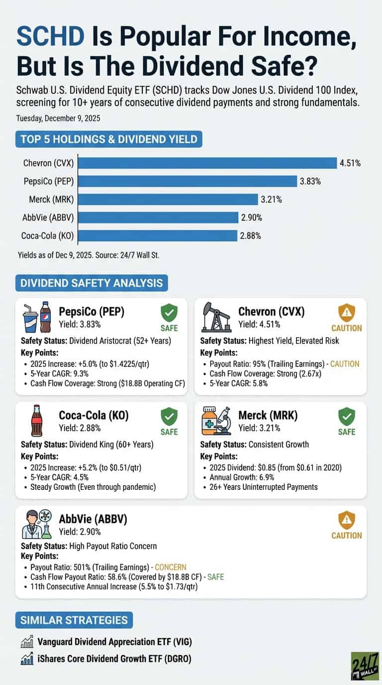 An infographic titled 'SCHD Is Popular For Income, But Is The Dividend Safe?' presents data as of December 9, 2025. It features three main sections. The first, 'Top 5 Holdings &amp; Dividend Yield,' displays a horizontal bar chart showing Chevron (CVX) at 4.51%, PepsiCo (PEP) at 3.83%, Merck (MRK) at 3.21%, AbbVie (ABBV) at 2.90%, and Coca-Cola (KO) at 2.88%. The second section, 'Dividend Safety Analysis,' includes five detailed cards, one for each holding. PepsiCo (3.83%), Coca-Cola (2.88%), and Merck (3.21%) are rated 'Safe,' with green shield icons and key points highlighting dividend aristocracy, king status, or consistent growth. Chevron (4.51%) and AbbVie (2.90%) are rated 'Caution,' with yellow triangle icons and key points citing elevated risk due to high payout ratios. The third section, 'Similar Strategies,' lists Vanguard Dividend Appreciation ETF (VIG) and iShares Core Dividend Growth ETF (DGRO).