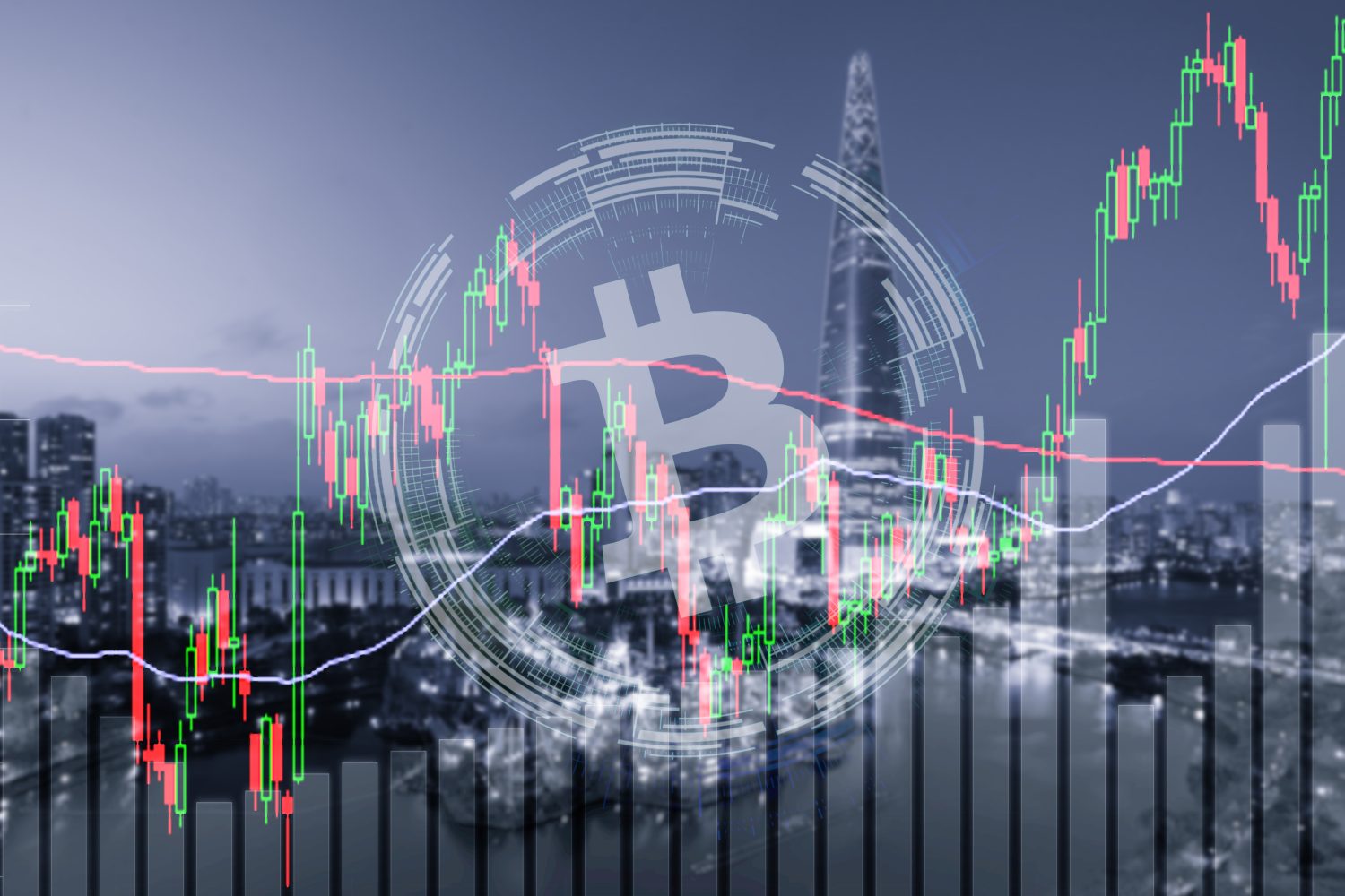 An overlaid image showing a large, translucent Bitcoin logo surrounded by a circular digital graphic, set against a blurred night cityscape with a prominent skyscraper. In the foreground, red and green candlestick charts with red and white trend lines, and grey volume bars, illustrate financial market data.