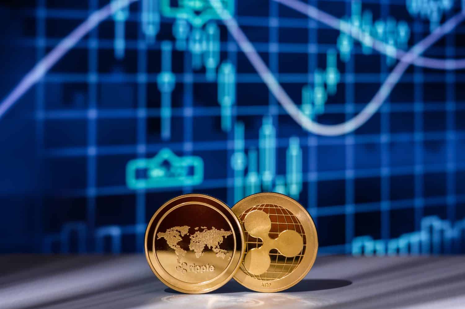 Two golden Ripple XRP crypto coins with Cryptocurrency Financial Charts and Graphs