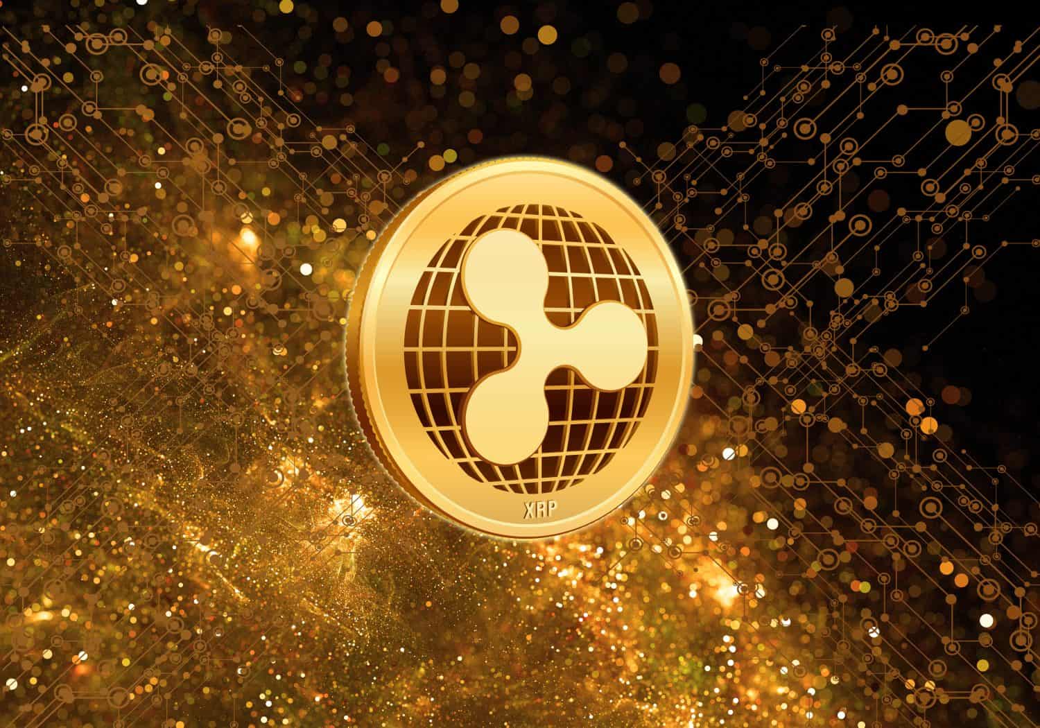 One Ripple XRP Coin Cryptocurrency Altcoin on a Gold Blockchain Technology Background. Close up of xrp coin 3d illustration. Digital currency blockchain concept isolated selective focus fiat leak