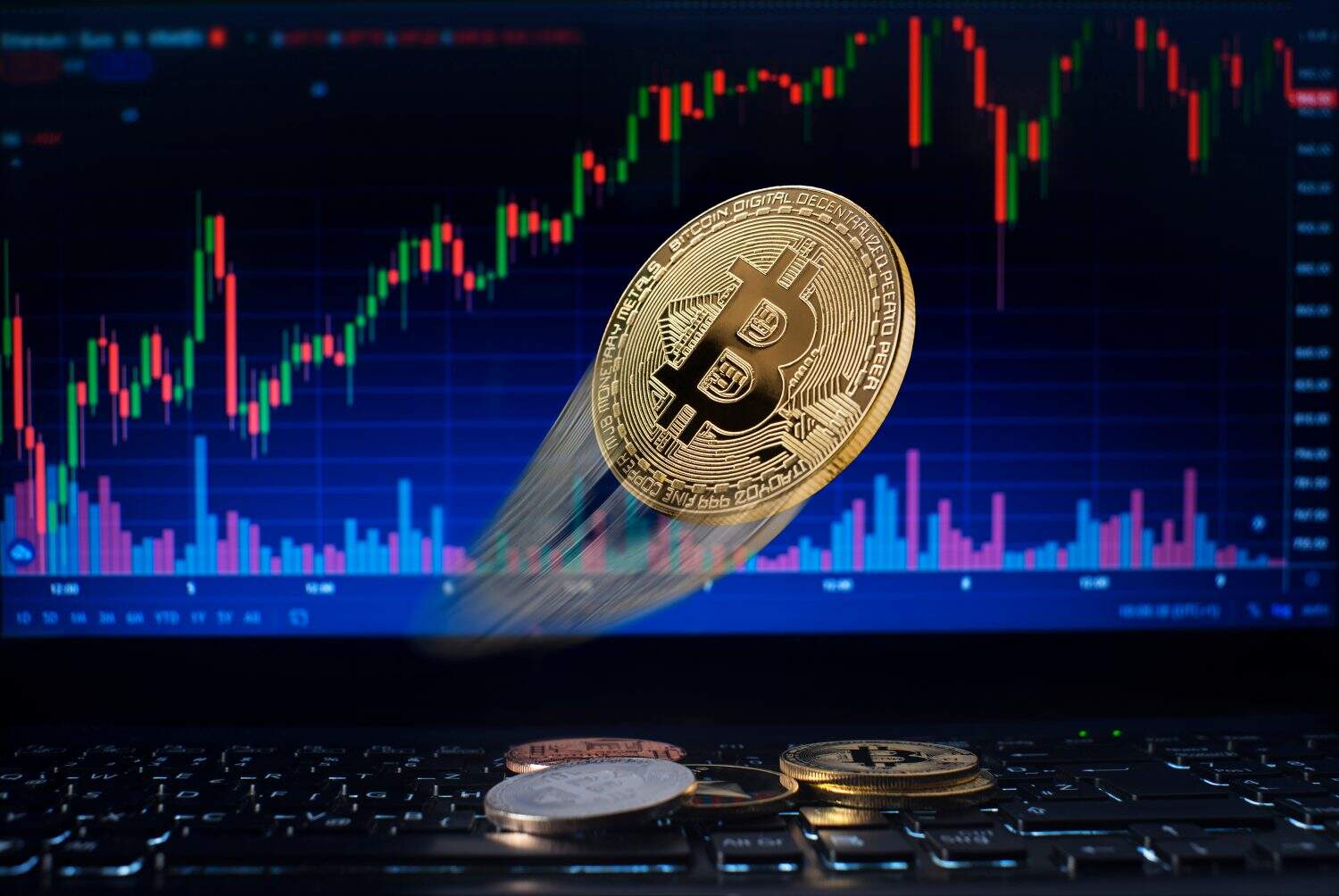 Golden bitcoin flying whit computer trading chart background. Bitcoin and altcoin the most important cryptocurrency concept