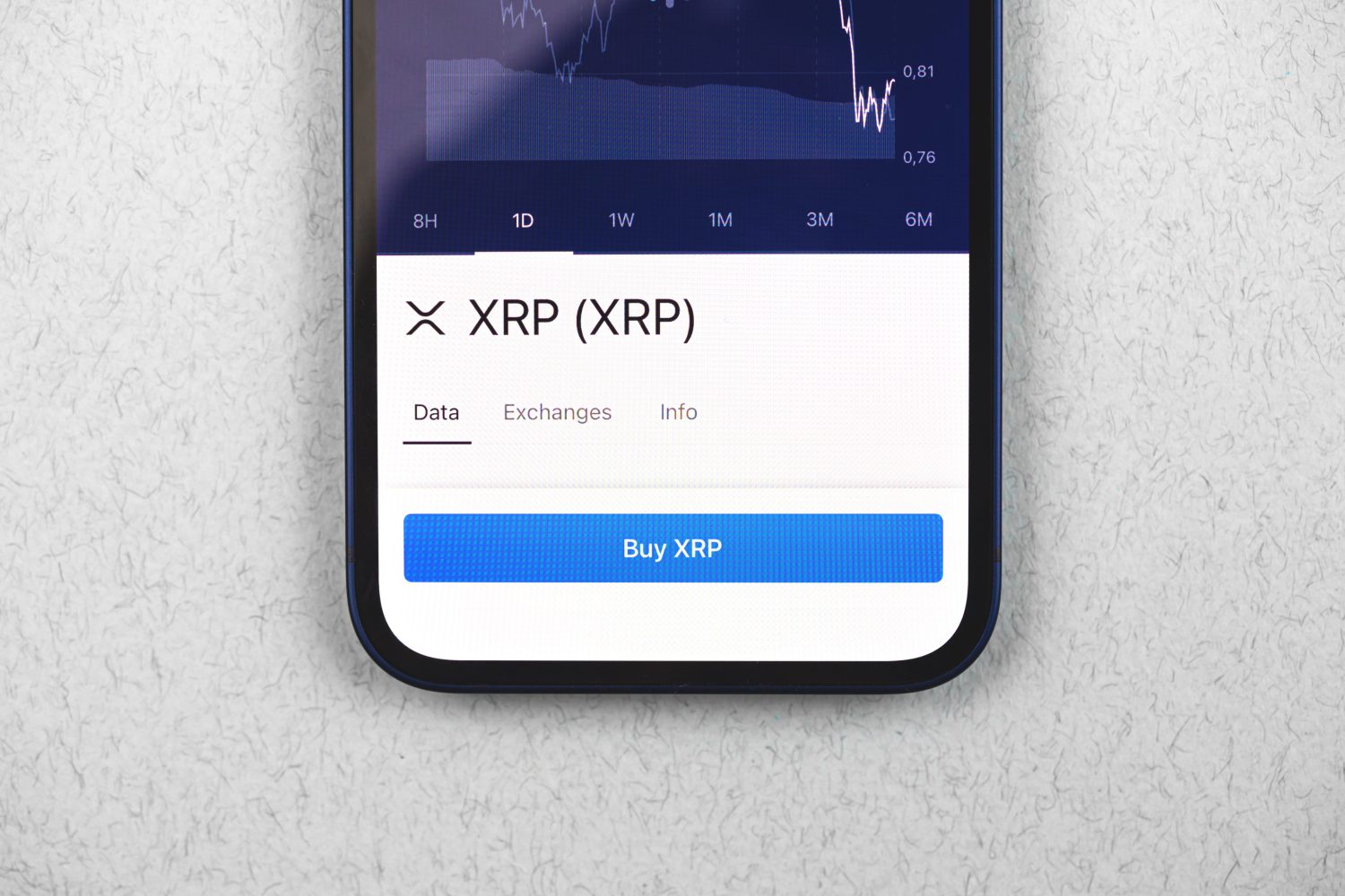 Buy XRP cryptocurrency, mobile app with button, concept of online trade and exchange by using smartphone, banking application, top view photo of business office desk