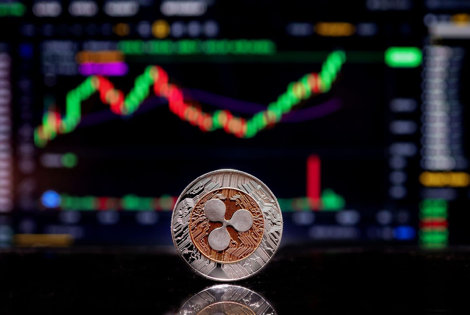 Coin Ripple XRP on background cryptocurrency trading chart on computer screen. Digital money, banking, investment, finance and business concept.