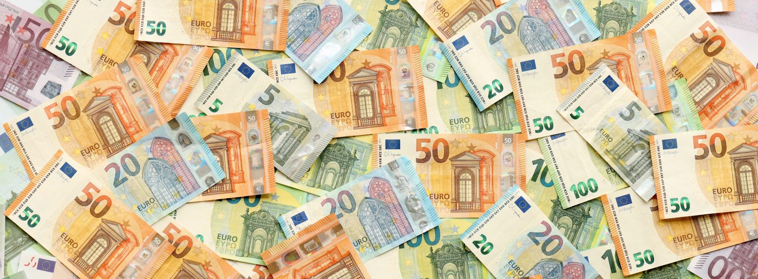 Many european euro money bills. Lot of banknotes of european union currency close up