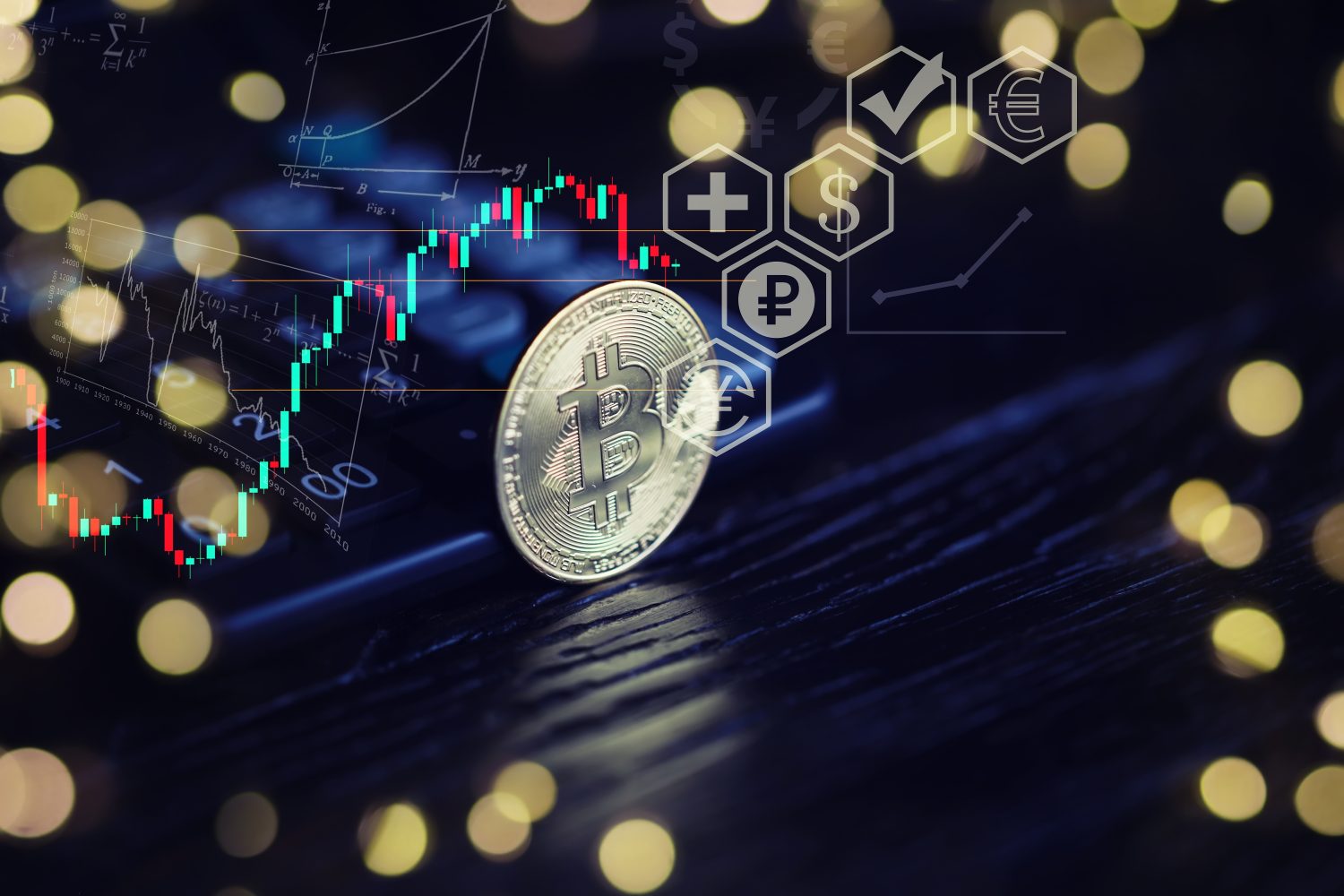 Bitcoin gold coin and defocused chart background. Virtual cryptocurrency.