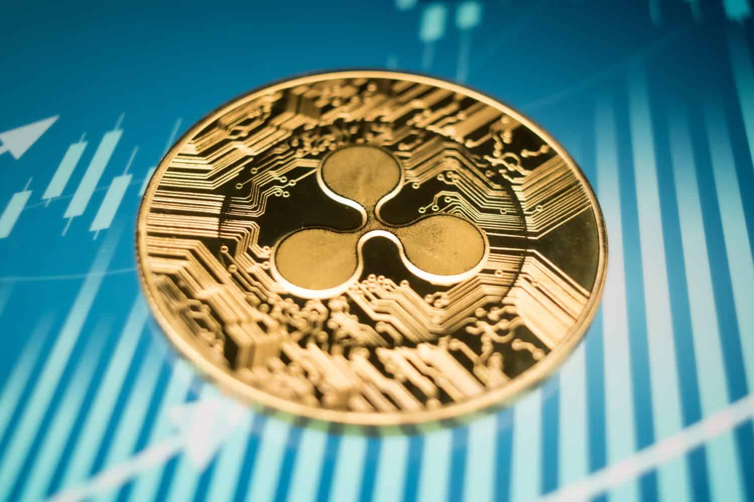 Golden Ripple XRP Coin on Futuristic Digital Technology Background