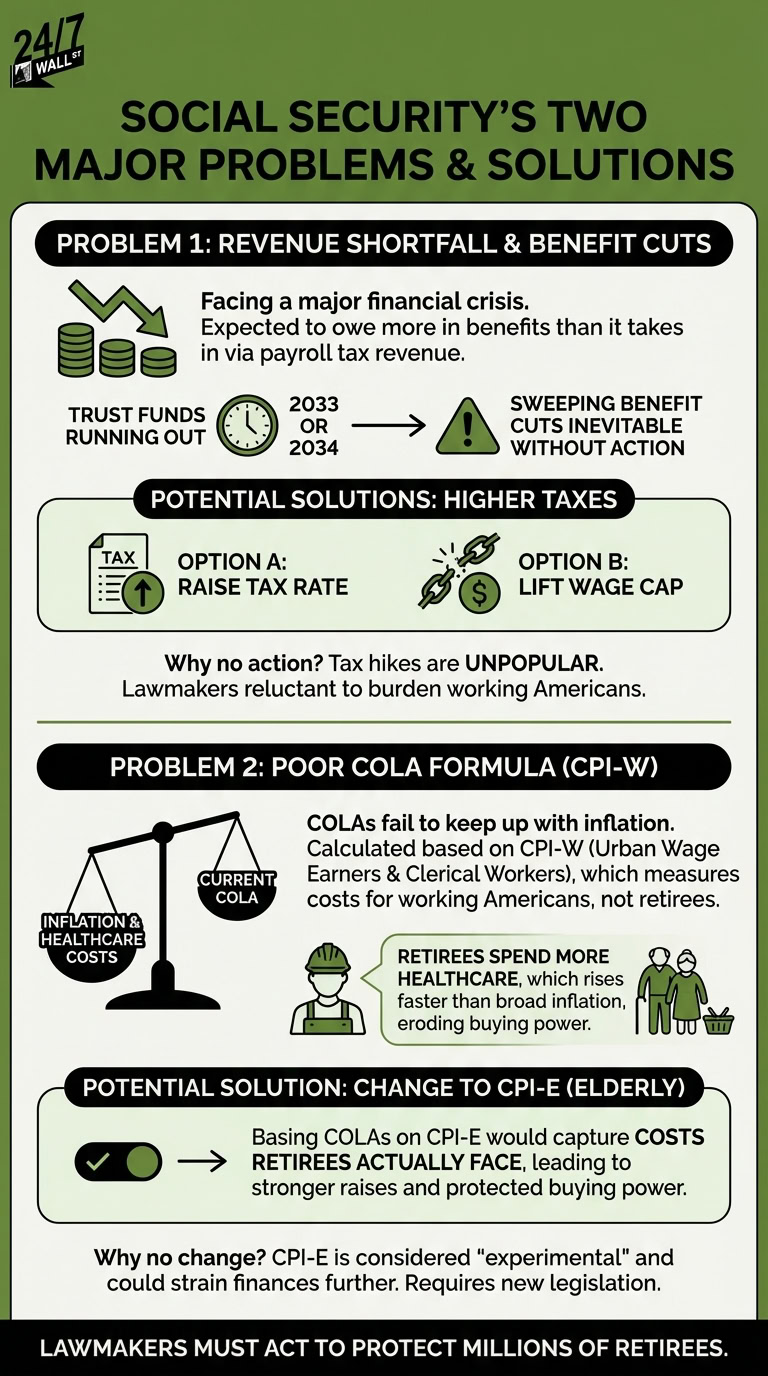 An infographic from 24/7 Wall St. detailing Social Security's two major problems: a revenue shortfall with potential benefit cuts by 2033/2034 and solutions like raising tax rates or lifting the wage cap; and a poor COLA formula (CPI-W) with the proposed solution of changing to CPI-E for the elderly.