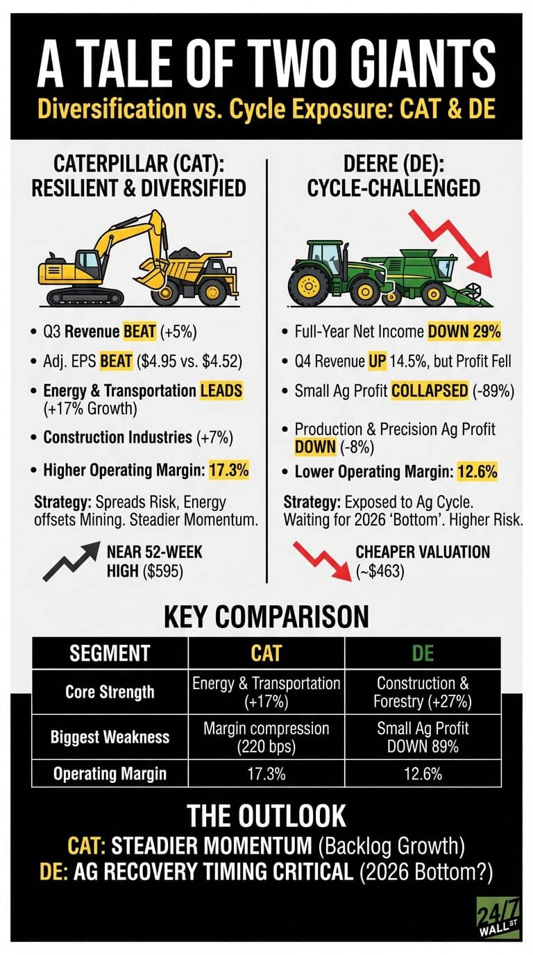 An infographic titled 'A Tale of Two Giants: Diversification vs. Cycle Exposure: CAT &amp; DE' compares Caterpillar (CAT) and Deere (DE) performance. The left side, representing CAT, shows an excavator and dump truck, detailing Q3 revenue beat (+5%), Adj. EPS beat ($4.95 vs. $4.52), Energy &amp; Transportation leading with +17% growth, Construction Industries +7%, and a higher operating margin of 17.3%. An upward arrow indicates a near 52-week high of $595. The right side, representing DE, shows a tractor and combine harvester with a downward red arrow, detailing full-year net income down 29%, Q4 revenue up 14.5% but profit fell, Small Ag profit collapsed -89%, Production &amp; Precision Ag profit down -8%, and a lower operating margin of 12.6%. A downward arrow indicates a cheaper valuation (~$463). Below, a 'Key Comparison' table shows for CAT: Core Strength is Energy &amp; Transportation (+17%), Biggest Weakness is Margin compression (220 bps), Operating Margin 17.3%. For DE: Core Strength is Construction &amp; Forestry (+27%), Biggest Weakness is Small Ag Profit DOWN 89%, Operating Margin 12.6%. The 'Outlook' section states CAT has 'Steadier Momentum (Backlog Growth)' and for DE, 'Ag Recovery Timing Critical (2026 Bottom?)'.