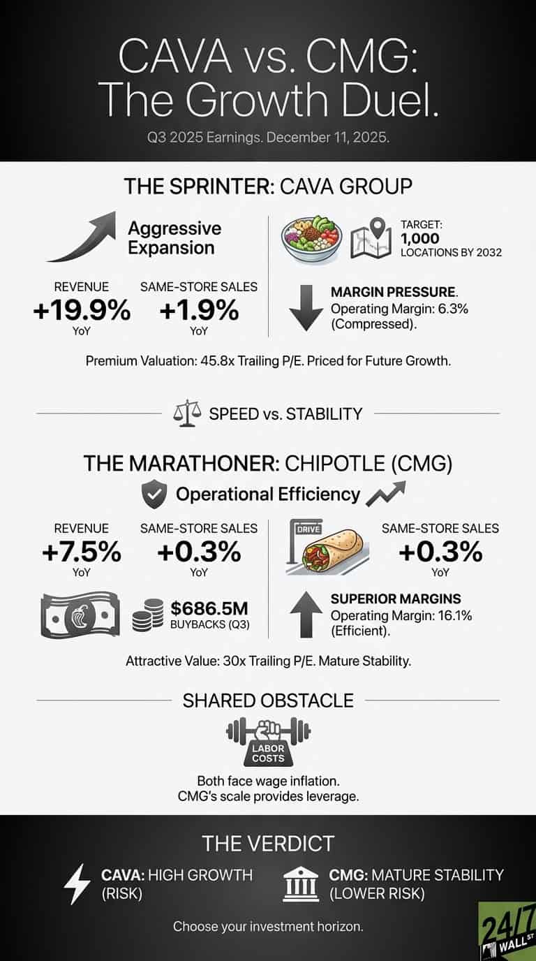 An infographic titled 'CAVA vs. CMG: The Growth Duel' comparing Q3 2025 earnings. It is divided into sections. 'The Sprinter: CAVA Group' details aggressive expansion, 19.9% YoY revenue growth, 1.9% same-store sales, a target of 1,000 locations by 2032, 6.3% operating margin (compressed), and a 45.8x trailing P/E. 'The Marathoner: Chipotle (CMG)' highlights operational efficiency, 7.5% YoY revenue growth, 0.3% same-store sales, $686.5M buybacks in Q3, 16.1% operating margin (efficient), and a 30x trailing P/E. A 'Shared Obstacle' section indicates both face wage inflation, with CMG's scale providing leverage. The 'Verdict' section concludes CAVA is 'High Growth (Risk)' and CMG is 'Mature Stability (Lower Risk)', advising to choose based on investment horizon.