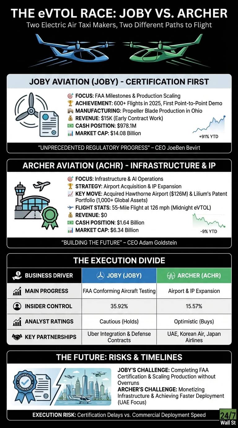 An infographic comparing Joby Aviation (JOBY) and Archer Aviation (ACHR), two eVTOL electric air taxi companies, across several business and financial metrics. The top section features a title 'THE eVTOL RACE: JOBY VS. ARCHER' with illustrations of light blue and green eVTOL aircraft. It details Joby's certification-first approach with specifics on FAA milestones, $15K revenue, $978.1M cash, $14.08B market cap (+91% YTD), and a quote from CEO JoeBen Bevirt. The next section focuses on Archer's infrastructure and IP strategy, listing airport acquisition, a 55-mile flight, $0 revenue, $1.64B cash, $6.34B market cap (-9% YTD), and a quote from CEO Adam Goldstein. A table titled 'THE EXECUTION DIVIDE' compares both companies on Main Progress (FAA testing vs. airport expansion), Insider Control (35.92% vs. 15.57%), Analyst Ratings (Cautious Holds vs. Optimistic Buys), and Key Partnerships (Uber/Defense vs. UAE/Korean Air/Japan Airlines). The final section, 'THE FUTURE: RISKS &amp; TIMELINES', outlines Joby's challenge in completing FAA certification and scaling production without overruns, and Archer's challenge in monetizing infrastructure and achieving faster deployment, with an execution risk of certification delays versus commercial deployment speed. Icons represent various business aspects throughout the infographic.
