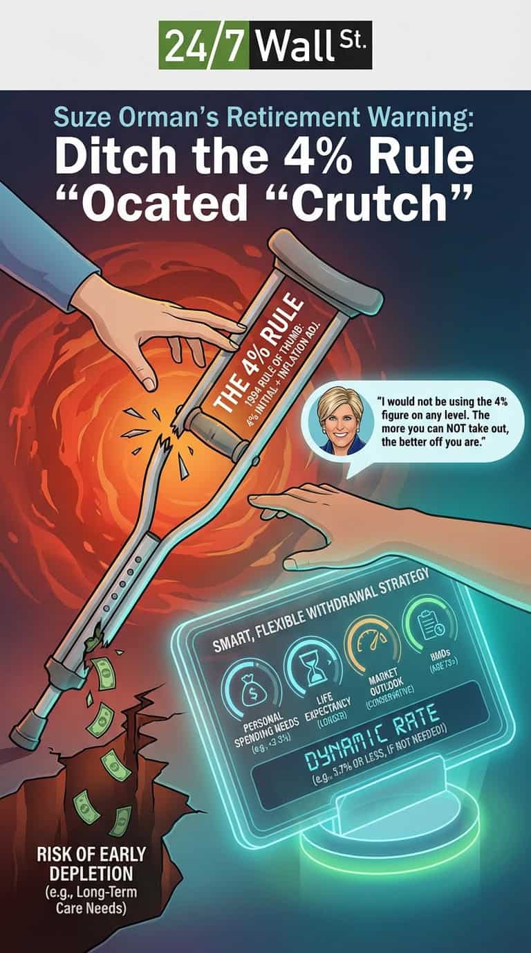 An illustration shows hands breaking a crutch labeled 'THE 4% RULE' over a pit of financial risk, with money falling into it. Suze Orman's image and quote advise against using the 4% figure, advocating instead for a glowing, holographic 'SMART, FLEXIBLE WITHDRAWAL STRATEGY' with a dynamic withdrawal rate based on personal needs, life expectancy, market outlook, and assets.