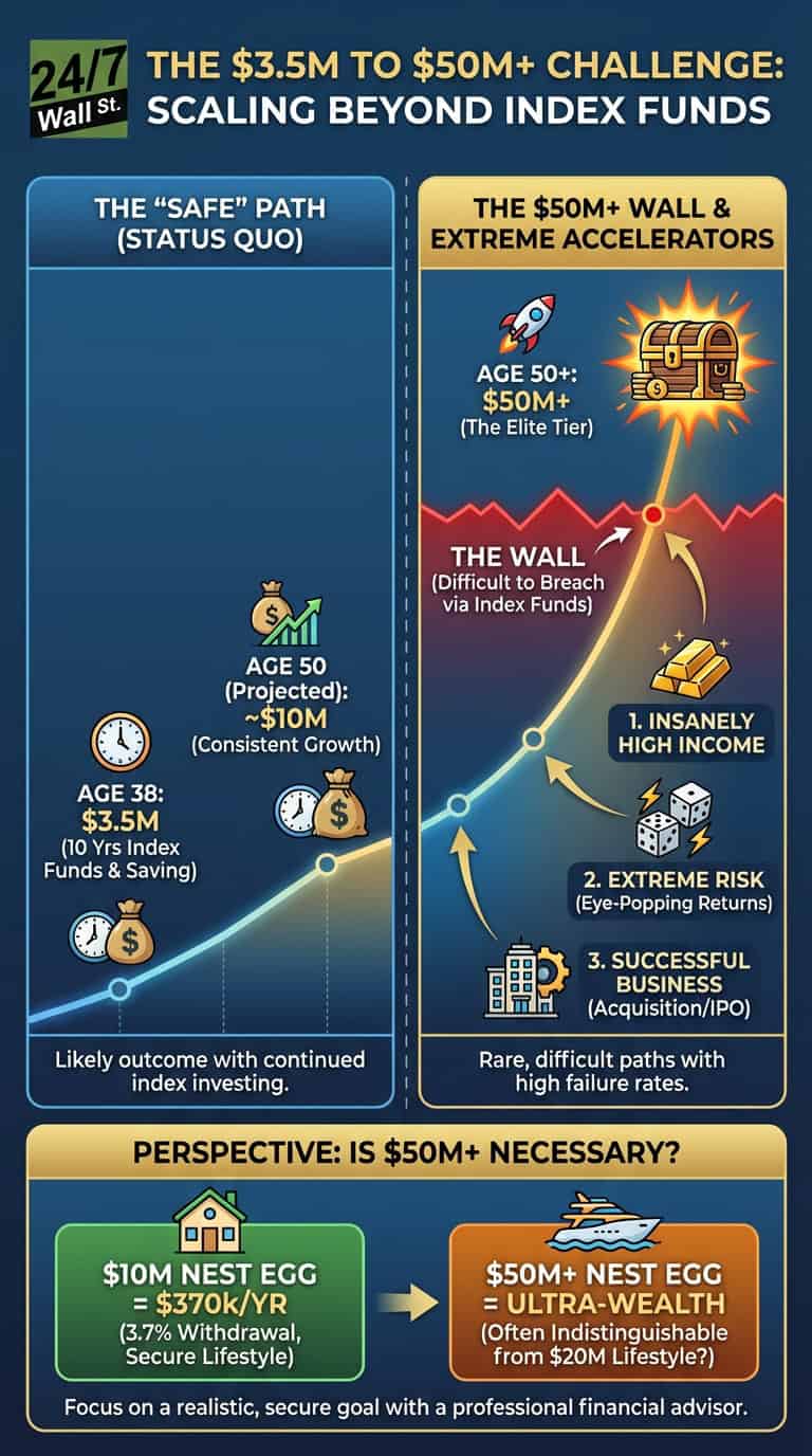 An infographic comparing two wealth accumulation strategies: a 'safe path' through index funds targeting $10M, and an 'extreme accelerators' path involving high risk and business ventures to reach $50M+. It visually represents financial growth curves and key milestones for different age brackets.