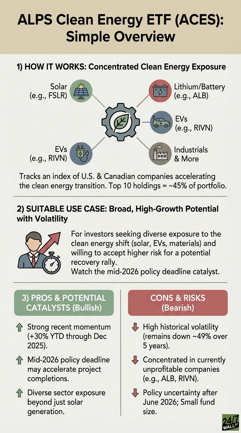An infographic titled 'ALPS Clean Energy ETF (ACES): Simple Overview'. It details the ETF across three main sections. The first, 'How It Works,' illustrates concentrated exposure to clean energy sectors like Solar, Lithium/Battery, EVs, and Industrials, tracking US and Canadian companies. The second, 'Suitable Use Case,' describes it for investors seeking high-growth potential with volatility and notes a mid-2026 policy deadline. The third section presents a 'Pros &amp; Potential Catalysts' list in a green box with bullet points: strong recent momentum (+30% YTD through Dec 2025), mid-2026 policy deadline, and diverse sector exposure. Adjacent is a 'Cons &amp; Risks' list in a red box with bullet points: high historical volatility (down ~49% over 5 years), concentration in unprofitable companies, and policy uncertainty after June 2026. Icons and arrows visually support the points.