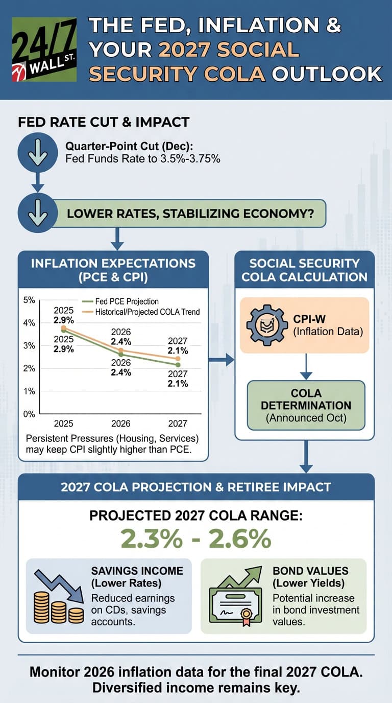 An infographic titled 'The Fed, Inflation &amp; Your 2027 Social Security COLA Outlook' visually depicts the impact of a Fed rate cut, leading to inflation expectations and the Social Security COLA calculation. It shows projected inflation trends decreasing from 2025 to 2027, forecasts the 2027 COLA range, and highlights its effects on savings income and bond investment values.