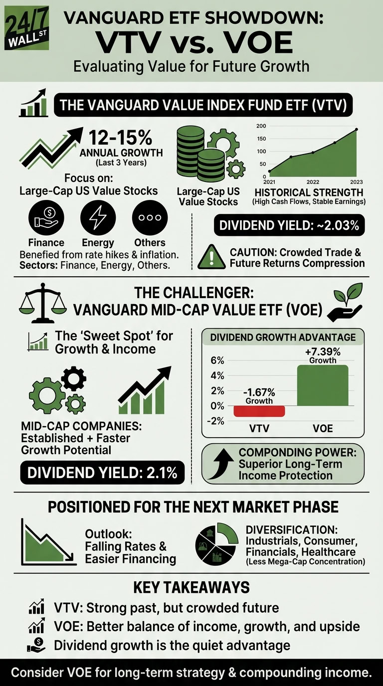 An infographic titled 'Vanguard ETF Showdown: VTV vs. VOE' comparing the two investment funds. It details VTV's large-cap focus, 12-15% annual growth, and 2.03% dividend yield, alongside a caution about crowded future returns. VOE is presented as a mid-cap value fund with 2.1% dividend yield, superior dividend growth (+7.39% vs. -1.67% for VTV), and better positioned for future market conditions with diversification and compounding power.