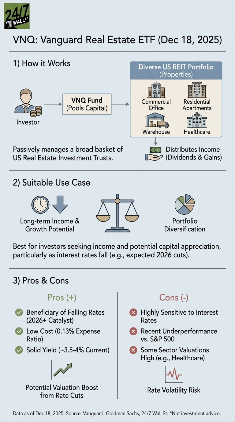 An infographic titled 'VNQ: Vanguard Real Estate ETF (Dec 18, 2025)' on a light blue background. It is divided into three sections. Section 1, 'How it Works,' shows an investor pooling capital into the 'VNQ Fund,' which then invests in a 'Diverse US REIT Portfolio' containing Commercial Office, Residential Apartments, Warehouse, and Healthcare properties, ultimately distributing income (dividends &amp; gains) back to the investor. Text notes it 'Passively manages a broad basket of US Real Estate Investment Trusts.' Section 2, 'Suitable Use Case,' presents icons for long-term income and growth potential, balance, and portfolio diversification. Text states it's 'Best for investors seeking income and potential capital appreciation, particularly as interest rates fall (e.g., expected 2026 cuts).' Section 3, 'Pros &amp; Cons,' lists pros with green checkmarks: 'Beneficiary of Falling Rates (2026+ Catalyst),' 'Low Cost (0.13% Expense Ratio),' 'Solid Yield (~3.5-4% Current),' and an upward-sloping line graph for 'Potential Valuation Boost from Rate Cuts.' Cons are marked with red 'x's: 'Highly Sensitive to Interest Rates,' 'Recent Underperformance vs. S&amp;P 500,' 'Some Sector Valuations High (e.g., Healthcare),' and a jagged line graph for 'Rate Volatility Risk.' A footer indicates data as of Dec 18, 2025, and sources.