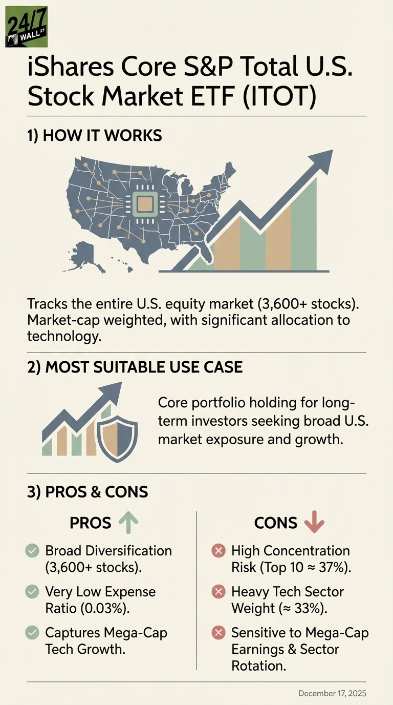 An infographic titled 'iShares Core S&amp;P Total U.S. Stock Market ETF (ITOT)' on a light beige background. Section 1, 'How It Works,' features a stylized map of the contiguous U.S. with Alaska and Hawaii, showing a central microchip connected by lines to states, alongside a rising stock market arrow. Text states it tracks 3,600+ U.S. stocks, is market-cap weighted, and has significant allocation to technology. Section 2, 'Most Suitable Use Case,' shows a rising arrow and shield icon, describing ITOT as a core portfolio holding for long-term investors seeking broad U.S. market exposure and growth. Section 3, 'Pros &amp; Cons,' is divided into two columns. Pros, marked with green checkmarks and an upward arrow icon, include broad diversification (3,600+ stocks), very low expense ratio (0.03%), and capturing mega-cap tech growth. Cons, marked with red 'x's and a downward arrow icon, list high concentration risk (Top 10 ≈ 37%), heavy tech sector weight (≈ 33%), and sensitivity to mega-cap earnings &amp; sector rotation. The infographic is dated December 17, 2025.