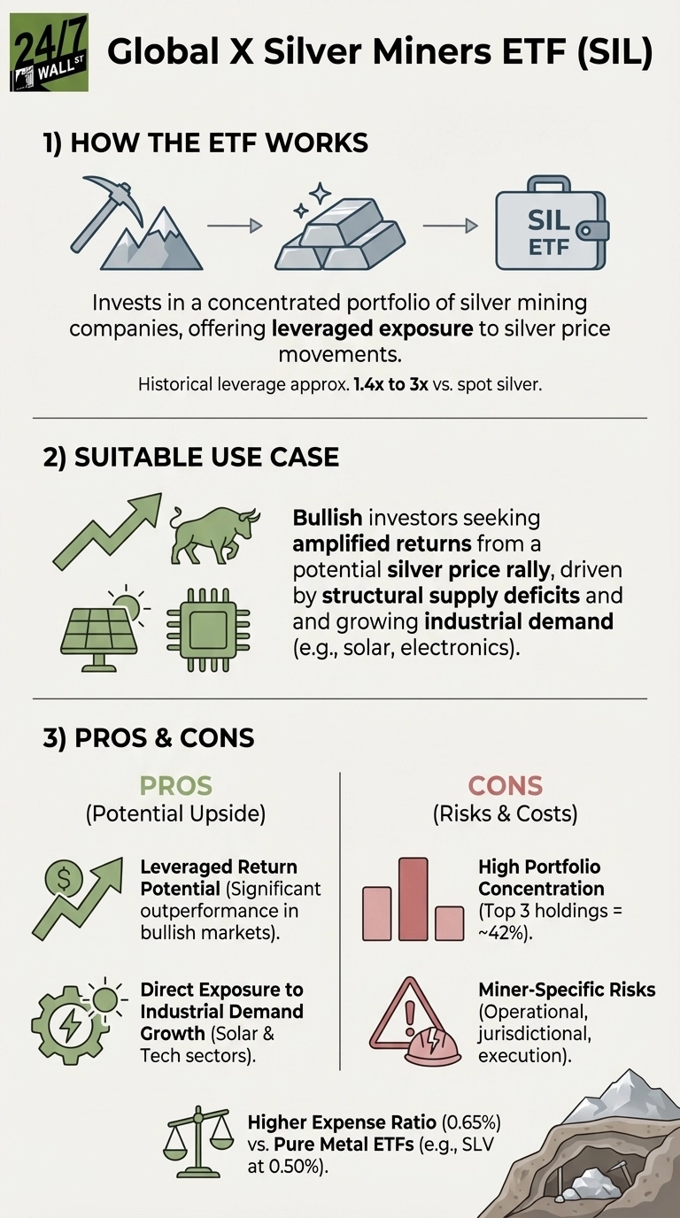 An infographic titled 'Global X Silver Miners ETF (SIL)' with a 24/7 Wall St logo. It is divided into three main sections. Section 1, 'HOW THE ETF WORKS', illustrates the process with icons: a pickaxe mining a mountain, leading to silver bars, then to a briefcase labeled 'SIL ETF'. Text explains it 'Invests in a concentrated portfolio of silver mining companies, offering leveraged exposure to silver price movements. Historical leverage approx. 1.4x to 3x vs. spot silver.' Section 2, 'SUITABLE USE CASE', features icons of an upward trend arrow, a bull, a solar panel, and a computer chip. Text states it's for 'Bullish investors seeking amplified returns from a potential silver price rally, driven by structural supply deficits and and growing industrial demand (e.g., solar, electronics).' Section 3, 'PROS &amp; CONS', is divided into 'PROS (Potential Upside)' and 'CONS (Risks &amp; Costs)'. Pros include 'Leveraged Return Potential' (dollar arrow icon) and 'Direct Exposure to Industrial Demand Growth' (gear with lightning icon). Cons include 'High Portfolio Concentration' (bar chart icon showing Top 3 holdings = ~42%) and 'Miner-Specific Risks' (warning sign with hard hat icon). A final point, indicated by scales icon, notes 'Higher Expense Ratio (0.65%) vs. Pure Metal ETFs (e.g., SLV at 0.50%).'