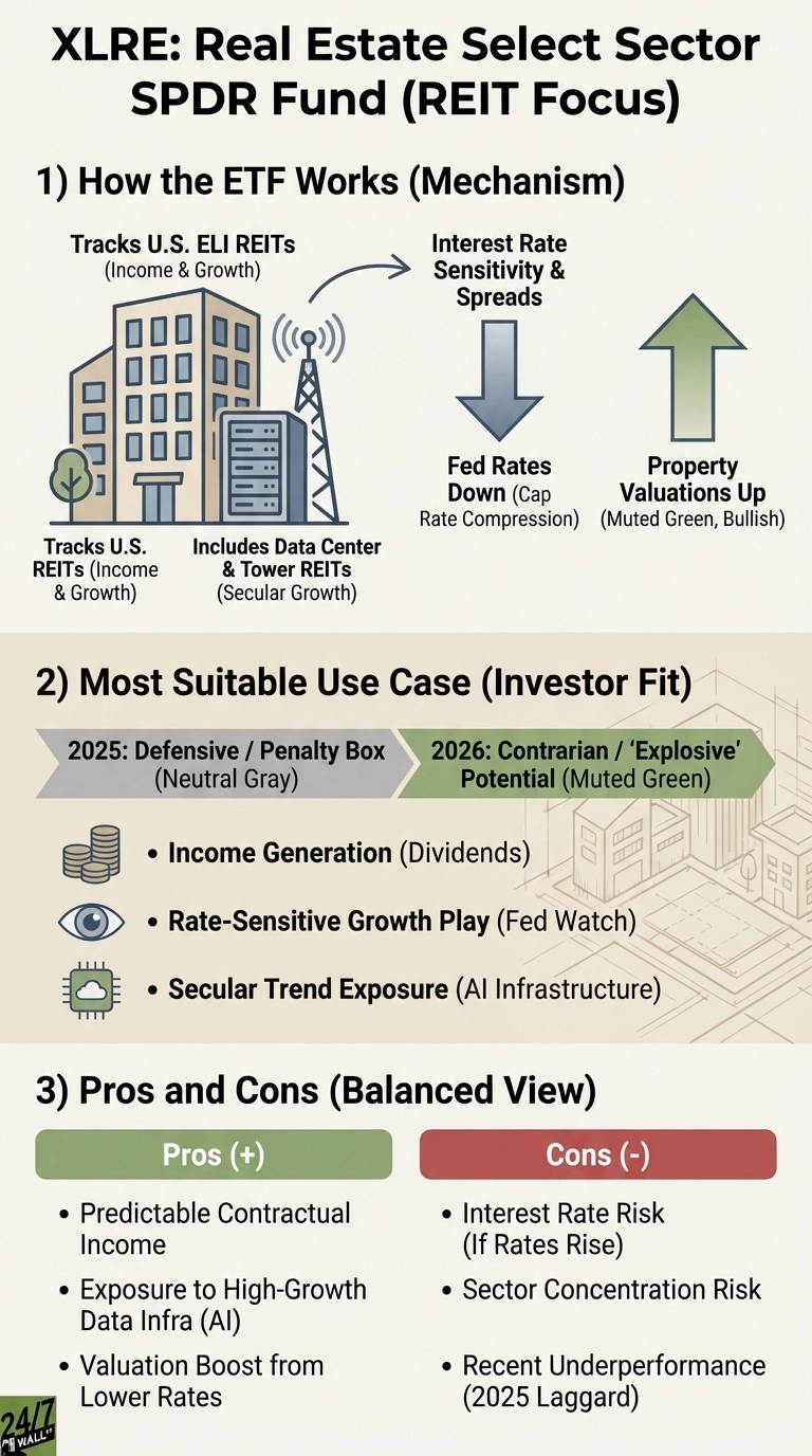 An infographic titled 'XLRE: Real Estate Select Sector SPDR Fund (REIT Focus)' presented in three sections. The first section, 'How the ETF Works (Mechanism)', shows illustrations of buildings and a data tower, explaining that XLRE tracks U.S. REITs for income, growth, and secular growth. It links interest rate sensitivity to Fed rates down (cap rate compression) leading to property valuations up (bullish). The second section, 'Most Suitable Use Case (Investor Fit)', uses a gray arrow for '2025: Defensive / Penalty Box' and a green arrow for '2026: Contrarian / 'Explosive' Potential', listing income generation, rate-sensitive growth play, and secular trend exposure as benefits. The third section, 'Pros and Cons (Balanced View)', lists three green 'Pros (+)' including predictable income and AI infra exposure, and three red 'Cons (-)' including interest rate risk and 2025 underperformance.