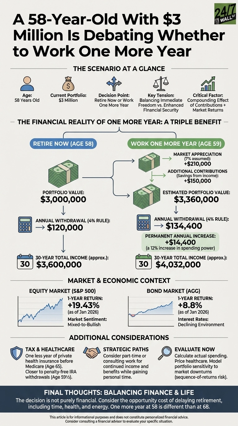 An infographic titled 'A 58-Year-Old With $3 Million Is Debating Whether to Work One More Year'. It presents a scenario at a glance, showing icons for Age (58), Current Portfolio ($3 Million), Decision Point (Retire now or Work one more year), Key Tension (Balancing immediate freedom vs. enhanced financial security), and Critical Factor (Compounding effect of contributions + market returns). The central section, 'The Financial Reality of One More Year: A Triple Benefit', compares two paths: 'Retire Now (Age 58)' and 'Work One More Year (Age 59)'. For 'Retire Now', a $3,000,000 portfolio leads to a $120,000 annual withdrawal (4% rule) and a $3,600,000 30-year total income. For 'Work One More Year', the initial portfolio plus $210,000 market appreciation (7% assumed) and $150,000 additional contributions results in an estimated portfolio of $3,360,000. This leads to a $134,400 annual withdrawal, a permanent annual increase of $14,400 (a 12% increase in spending power), and a $4,032,000 30-year total income. Below this are 'Market &amp; Economic Context' with line graphs: Equity Market (S&amp;P 500) showing a 1-year return of +19.43% (as of Jan 2026) and 'Mixed-to-Bullish' sentiment, and Bond Market (AGG) showing a 1-year return of +8.8% (as of Jan 2026) and 'Declining Environment' for interest rates. 'Additional Considerations' include sections on 'Tax &amp; Healthcare', 'Strategic Paths', and 'Evaluate Now', detailing factors like health insurance, IRA withdrawals, part-time work, and calculating spending. Final thoughts emphasize balancing finance and life, stating the decision isn't purely financial.