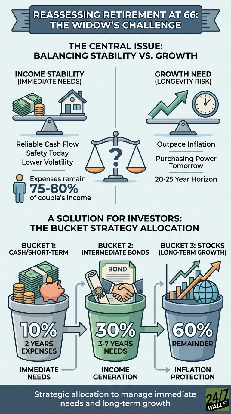 An infographic titled 'Reassessing Retirement at 66: The Widow's Challenge' discusses balancing stability and growth. It shows immediate needs (money, house on a scale) and growth needs (upward arrow, clock on a scale), noting expenses remain 75-80% of a couple's income. A solution, 'The Bucket Strategy Allocation', is presented with three buckets: Bucket 1 (Cash/Short-Term) holds 10% (money, piggy bank) for 2 years of expenses; Bucket 2 (Intermediate Bonds) holds 30% (bond document, handshake) for 3-7 years of needs; and Bucket 3 (Stocks/Long-Term Growth) holds 60% (stocks, globe, growth arrows) for the remainder. The infographic concludes that this is a strategic allocation to manage immediate needs and long-term growth.
