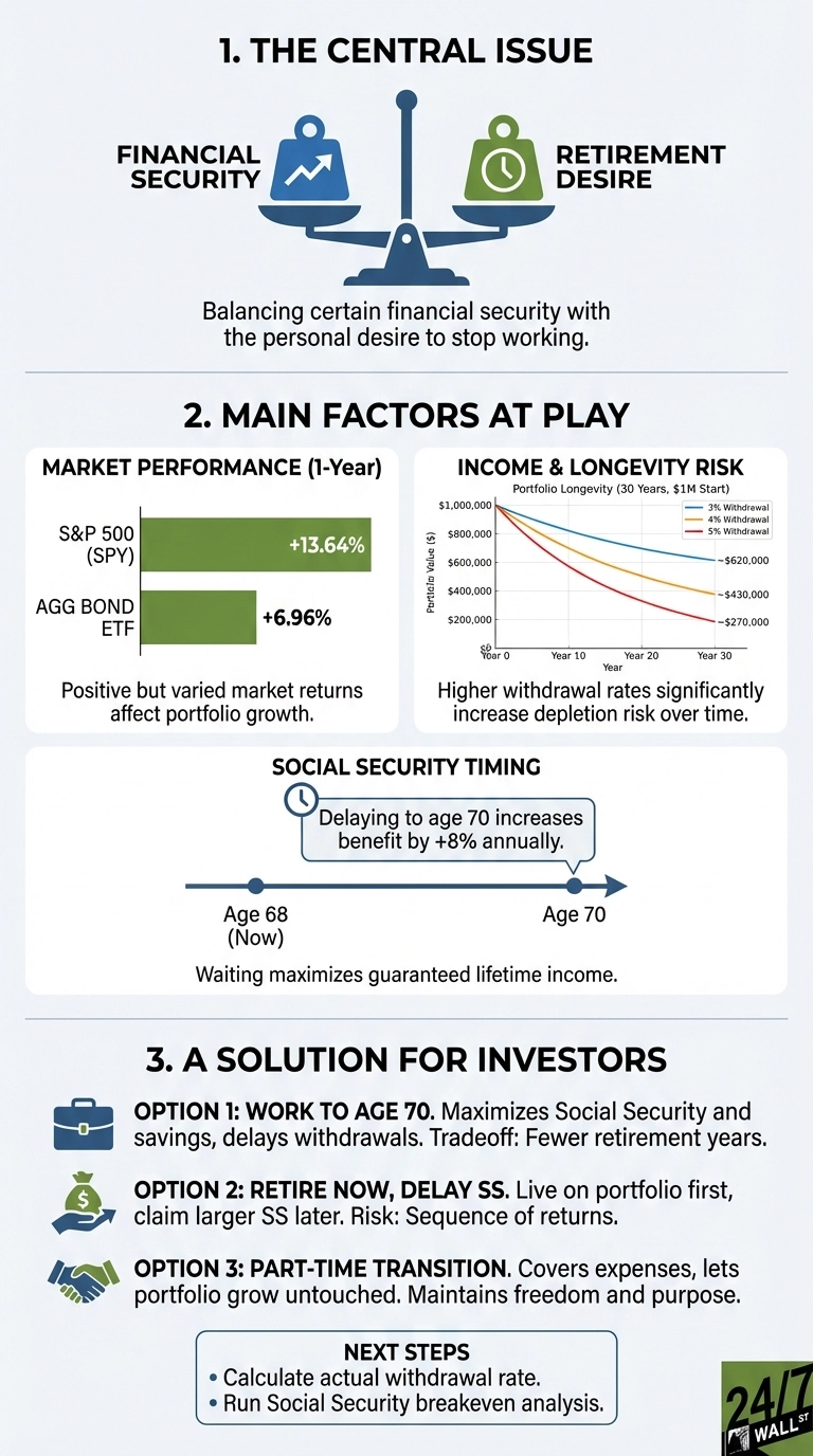 An infographic titled 'THE CENTRAL ISSUE' shows a scale balancing 'FINANCIAL SECURITY' (blue icon of person with an up-trending graph) and 'RETIREMENT DESIRE' (green icon of a clock with a dollar sign). Text below states 'Balancing certain financial security with the personal desire to stop working.' The next section, 'MAIN FACTORS AT PLAY,' includes three sub-sections. First, a bar chart 'MARKET PERFORMANCE (1-Year)' shows S&amp;P 500 (SPY) at +13.64% and AGG BOND ETF at +6.96%. Second, a line graph 'INCOME &amp; LONGEVITY RISK' displays 'Portfolio Longevity (30 Years, $1M Start)' with three lines showing portfolio value decline over 30 years for 3%, 4%, and 5% withdrawal rates, ending at approximately $620,000, $430,000, and $270,000 respectively. Text below states higher withdrawal rates significantly increase depletion risk over time. Third, a timeline 'SOCIAL SECURITY TIMING' shows an arrow from 'Age 68 (Now)' to 'Age 70,' with a speech bubble noting that delaying to age 70 increases benefits by +8% annually. Text below indicates waiting maximizes guaranteed lifetime income. The final section, 'A SOLUTION FOR INVESTORS,' presents three options: '1: WORK TO AGE 70' (with a briefcase icon), '2: RETIRE NOW, DELAY SS' (with a hand holding a money bag icon), and '3: PART-TIME TRANSITION' (with a shaking hands icon). Each option includes a brief description. Below these, 'NEXT STEPS' lists 'Calculate actual withdrawal rate.' and 'Run Social Security breakeven analysis.' A '24/7 WALL ST' logo is in the bottom right corner.