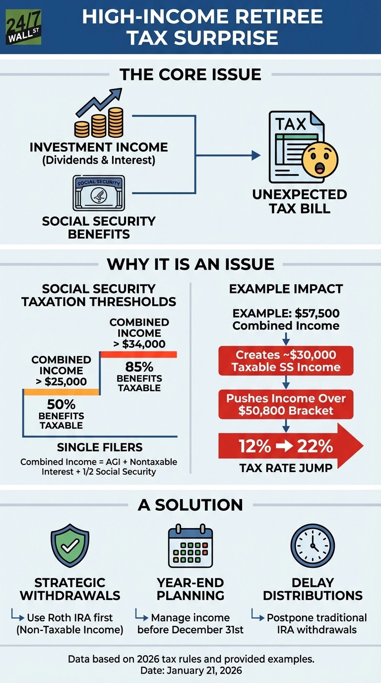 An infographic titled 'High-Income Retiree Tax Surprise.' The core issue section shows 'Investment Income (Dividends &amp; Interest)' and 'Social Security Benefits' both leading to an 'Unexpected Tax Bill,' depicted with icons of stacked coins and a surprised tax document. The 'Why It Is An Issue' section highlights 'Social Security Taxation Thresholds' for single filers: 50% of benefits taxable for combined income > $25,000, and 85% taxable for combined income > $34,000. An 'Example Impact' shows a $57,500 combined income creating ~$30,000 taxable SS income, pushing income over the $50,800 bracket, resulting in a '12% → 22% Tax Rate Jump.' The 'A Solution' section presents three strategies: 'Strategic Withdrawals' (use Roth IRA first), 'Year-End Planning' (manage income before December 31st), and 'Delay Distributions' (postpone traditional IRA withdrawals), each with an associated icon. The data is based on 2026 tax rules and provided examples, dated January 21, 2026.