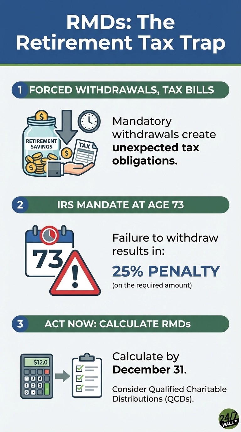 An infographic titled 'RMDs: The Retirement Tax Trap'. It is divided into three sections.
1.  FORCED WITHDRAWALS, TAX BILLS: An illustration shows a savings jar labeled 'RETIREMENT SAVINGS' with money, an arrow pointing down, a clock, and a hand holding a tax bill. Text states: 'Mandatory withdrawals create unexpected tax obligations.'
2.  IRS MANDATE AT AGE 73: An illustration of a calendar displaying '73' with a clock icon, next to a red warning triangle with an exclamation mark. Text reads: 'Failure to withdraw results in: 25% PENALTY (on the required amount).'
3.  ACT NOW: CALCULATE RMDS: An illustration of a calculator displaying '$12.0' and a clipboard with three checked items. Text instructs: 'Calculate by December 31. Consider Qualified Charitable Distributions (QCDs).'