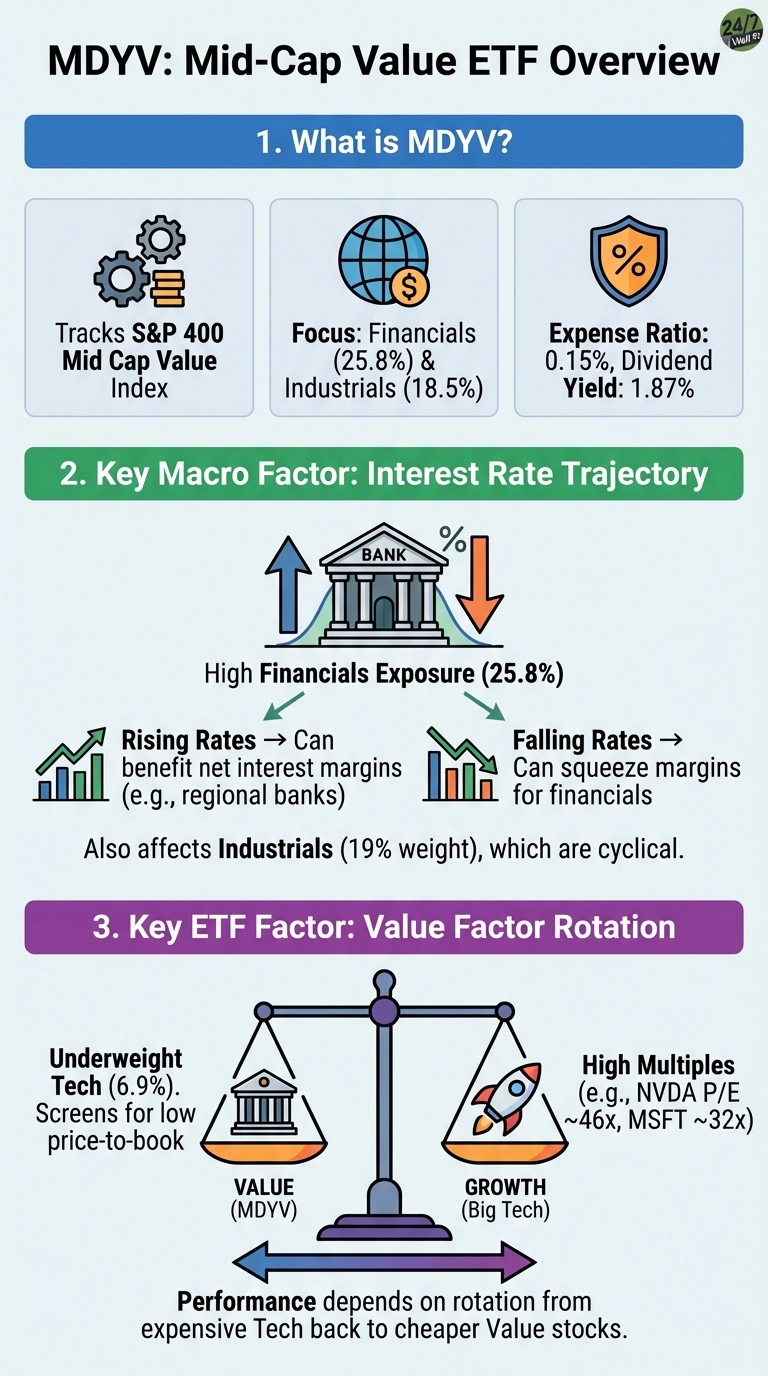 An infographic titled 'MDYVV: Mid-Cap Value ETF Overview' presented in three sections with blue, green, and purple headers. Section 1, 'What is MDYVV?', details its tracking of the S&amp;P 400 Mid Cap Value Index, focus on Financials (25.8%) and Industrials (18.5%), and an expense ratio of 0.15% with a 1.87% dividend yield. Section 2, 'Key Macro Factor: Interest Rate Trajectory,' illustrates how rising rates can benefit financials and falling rates can squeeze margins, noting MDYVV's high financials exposure (25.8%) and industrials (19%). Section 3, 'Key ETF Factor: Value Factor Rotation,' depicts a weighing scale balancing 'VALUE (MDYVV)' represented by a bank icon, which is underweight Tech (6.9%) and screens for low price-to-book, against 'GROWTH (Big Tech)' represented by a rocket icon, noting high multiples like NVDA P/E ~46x and MSFT ~32x. Text indicates performance depends on rotation from expensive Tech back to cheaper Value stocks.