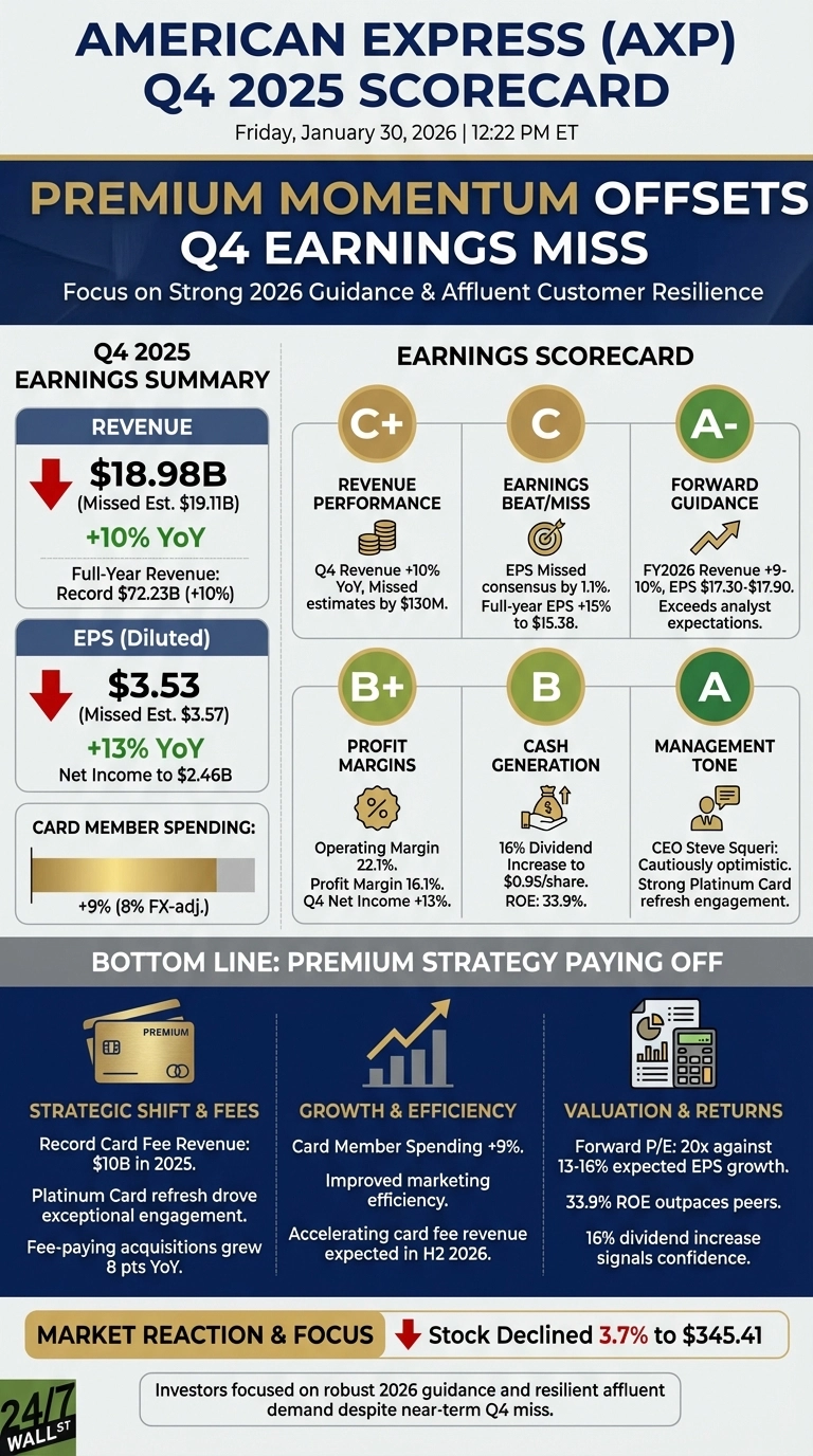 An infographic titled 'American Express (AXP) Q4 2025 Scorecard' with the subtitle 'Premium Momentum Offsets Q4 Earnings Miss,' dated Friday, January 30, 2026. The infographic is divided into several sections on a dark blue and gold background. The 'Q4 2025 Earnings Summary' shows Revenue down to $18.98B (missed $19.11B), up 10% YoY, with full-year revenue at a record $72.23B. EPS (Diluted) is down to $3.53 (missed $3.57), up 13% YoY, with Net Income at $2.46B. Card Member Spending is up 9%. The 'Earnings Scorecard' section provides letter grades for various categories: Revenue Performance (C+), Earnings Beat/Miss (C), Forward Guidance (A-), Profit Margins (B+), Cash Generation (B), and Management Tone (A). Key details include Q4 Revenue missing estimates by $130M, EPS missing consensus by 1.1%, FY2026 Revenue forecast up 9-10% exceeding analyst expectations, Operating Margin 22.1%, and a 16% dividend increase to $0.95/share. The 'Bottom Line: Premium Strategy Paying Off' section highlights Strategic Shift &amp; Fees (record $10B card fee revenue in 2025), Growth &amp; Efficiency (card member spending +9%), and Valuation &amp; Returns (Forward P/E 20x, 33.9% ROE). The 'Market Reaction &amp; Focus' indicates Stock Declined 3.7% to $345.41, with investors focusing on robust 2026 guidance and resilient affluent demand.