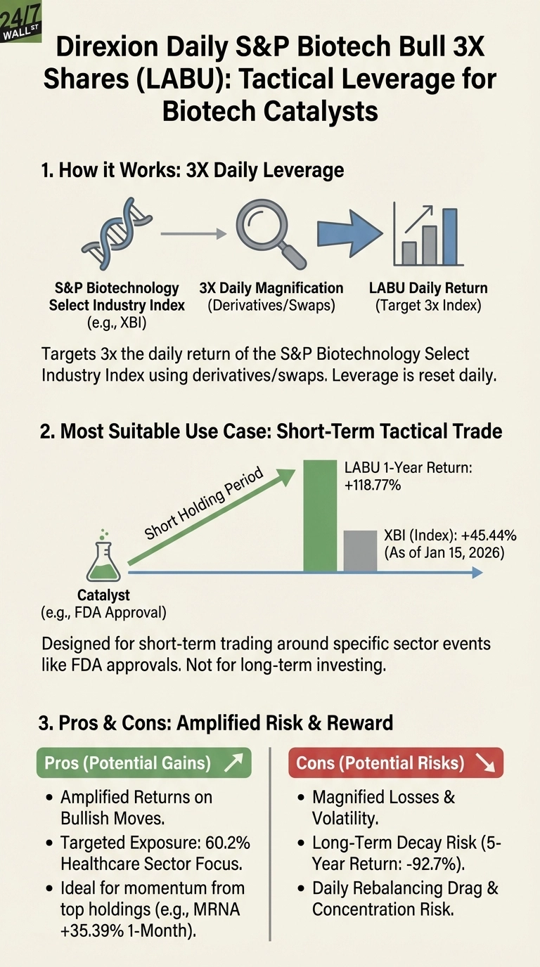 An infographic titled 'Direxion Daily S&amp;P Biotech Bull 3X Shares (LABU): Tactical Leverage for Biotech Catalysts'. The top left features the 24/7 Wall St logo. Section 1, 'How it Works: 3X Daily Leverage', uses a diagram with a DNA helix representing the S&amp;P Biotechnology Select Industry Index, leading to a magnifying glass for 3X daily magnification via derivatives, then to a bar chart for LABU daily return targeting 3x the index. Section 2, 'Most Suitable Use Case: Short-Term Tactical Trade', shows a beaker representing a catalyst like FDA approval, with an arrow indicating a 'Short Holding Period' towards a bar chart. The chart displays LABU's 1-Year Return at +118.77% (green bar) and XBI (Index) at +45.44% (gray bar), as of Jan 15, 2026. Section 3, 'Pros &amp; Cons: Amplified Risk &amp; Reward', lists bullet points under 'Pros (Potential Gains)' in a green box and 'Cons (Potential Risks)' in a red box. Pros include amplified returns, 60.2% healthcare exposure, and momentum from top holdings. Cons include magnified losses, long-term decay risk (-92.7% 5-year return), and daily rebalancing drag.