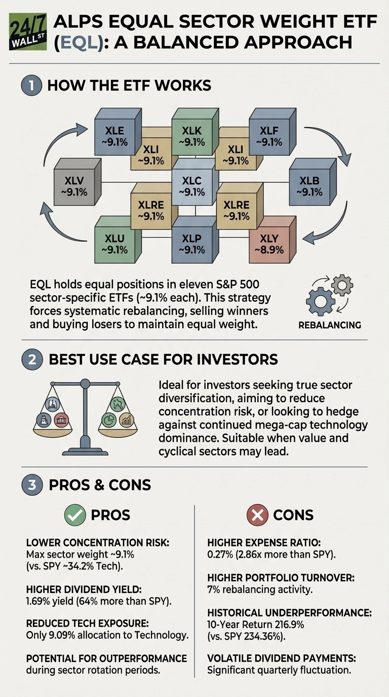 An infographic titled 'ALPS Equal Sector Weight ETF (EQL): A Balanced Approach.' Section 1, 'How the ETF Works,' displays 11 colored 3D cubes representing sector ETFs (XLE, XLV, XLU, XLI, XLK, XLC, XLP, XLRE, XLY, XLF, XLB) each with approximately 9.1% weight, arranged in a circular flow with arrows and a rebalancing gear icon. Text explains EQL holds equal positions in S&amp;P 500 sector-specific ETFs and systematically rebalances. Section 2, 'Best Use Case for Investors,' features a balance scale icon and text describing EQL as ideal for sector diversification, reducing concentration risk, and hedging against tech dominance. Section 3, 'Pros &amp; Cons,' lists four pros with a green checkmark (Lower Concentration Risk, Higher Dividend Yield, Reduced Tech Exposure, Potential for Outperformance) and four cons with a red X (Higher Expense Ratio, Higher Portfolio Turnover, Historical Underperformance, Volatile Dividend Payments), with comparative data to SPY provided for many points.