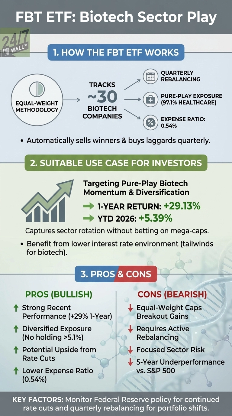 An infographic titled 'FBT ETF: Biotech Sector Play' with a light blue background, divided into three main sections. Section 1, 'How the FBT ETF Works', shows a diagram illustrating that an 'Equal-Weight Methodology' tracks '~30 Biotech Companies,' leading to 'Quarterly Rebalancing,' 'Pure-Play Exposure (97.1% Healthcare),' and an 'Expense Ratio: 0.54%.' A bullet point states it 'Automatically sells winners &amp; buys laggards quarterly.' Section 2, 'Suitable Use Case for Investors', features an upward-trending bar chart icon and text indicating it targets 'Pure-Play Biotech Momentum &amp; Diversification' with a '1-Year Return: +29.13%' and 'YTD 2026: +5.39%.' It notes it 'Captures sector rotation without betting on mega-caps' and benefits from 'lower interest rate environment.' Section 3, 'Pros &amp; Cons', is split into two columns: 'Pros (Bullish)' in green and 'Cons (Bearish)' in red. Pros include 'Strong Recent Performance (+29% 1-Year),' 'Diversified Exposure (No holding >5.1%),' 'Potential Upside from Rate Cuts,' and 'Lower Expense Ratio (0.54%).' Cons include 'Equal-Weight Caps Breakout Gains,' 'Requires Active Rebalancing,' 'Focused Sector Risk,' and '5-Year Underperformance vs. S&amp;P 500.' A 'KEY FACTORS' footer instructs to 'Monitor Federal Reserve policy for continued rate cuts and quarterly rebalancing for portfolio shifts.'