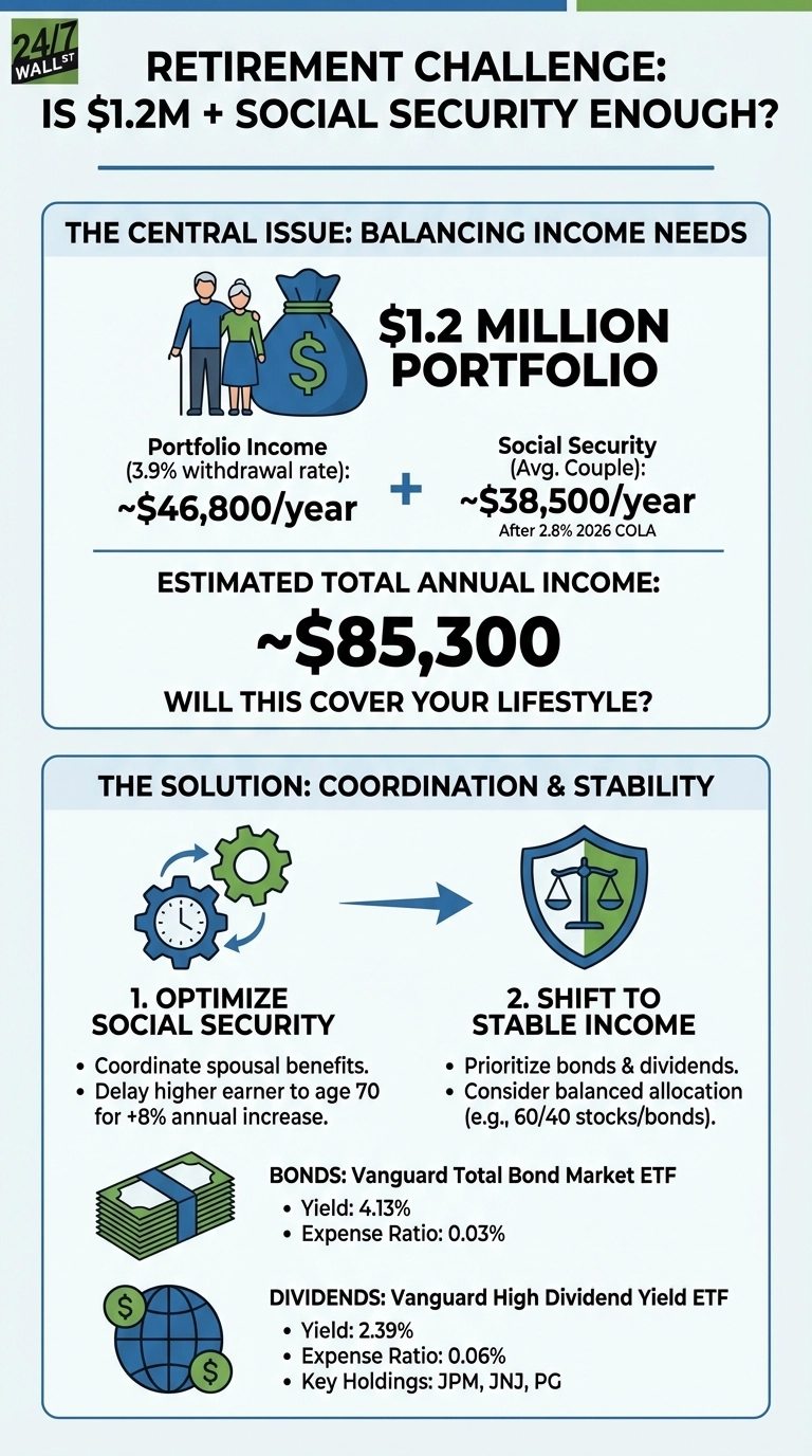 An infographic titled 'RETIREMENT CHALLENGE: IS $1.2M + SOCIAL SECURITY ENOUGH?'. The top section, 'THE CENTRAL ISSUE: BALANCING INCOME NEEDS', features an illustration of an elderly couple next to a money bag with a dollar sign. Text states a '$1.2 MILLION PORTFOLIO' provides '~$46,800/year' at a 3.9% withdrawal rate, and 'Social Security (Avg. Couple): ~$38,500/year' after a 2.8% 2026 COLA, leading to an 'ESTIMATED TOTAL ANNUAL INCOME: ~$85,300'. The section concludes with the question 'WILL THIS COVER YOUR LIFESTYLE?'. The bottom section, 'THE SOLUTION: COORDINATION &amp; STABILITY', outlines two steps. Step 1, 'OPTIMIZE SOCIAL SECURITY', is represented by interconnected gears and a clock, listing bullet points to 'Coordinate spousal benefits' and 'Delay higher earner to age 70 for +8% annual increase'. Step 2, 'SHIFT TO STABLE INCOME', is depicted with a balance scale icon, advising to 'Prioritize bonds &amp; dividends' and 'Consider balanced allocation (e.g., 60/40 stocks/bonds)'. Further details are provided for 'BONDS: Vanguard Total Bond Market ETF' (Yield: 4.13%, Expense Ratio: 0.03%) and 'DIVIDENDS: Vanguard High Dividend Yield ETF' (Yield: 2.39%, Expense Ratio: 0.06%, Key Holdings: JPM, JNJ, PG). The infographic uses a color palette of blue, green, and white.