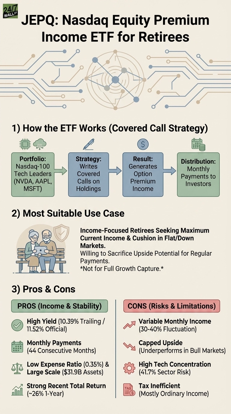 An infographic titled "JEPQ: Nasdaq Equity Premium Income ETF for Retirees." The top features a blue and brown circuit board pattern. Section 1, "How the ETF Works (Covered Call Strategy)," is a horizontal flow diagram. It starts with a green box "Portfolio: Nasdaq-100 Tech Leaders (NVDA, AAPL, MSFT)," arrow to a blue box "Strategy: Writes Covered Calls on Holdings," arrow to a blue box "Result: Generates Option Premium Income," arrow to a green box "Distribution: Monthly Payments to Investors." Section 2, "Most Suitable Use Case," shows an illustration of two retirees on a bench and text describing "Income-Focused Retirees Seeking Maximum Current Income &amp; Cushion in Flat/Down Markets," "Willing to Sacrifice Upside Potential for Regular Payments," and "*Not for Full Growth Capture*." Section 3, "Pros &amp; Cons," is divided into two columns. The green column, "PROS (Income &amp; Stability)," lists: High Yield (10.39% Trailing / 11.52% Official), Monthly Payments (44 Consecutive Months), Low Expense Ratio (0.35%) &amp; Large Scale ($31.9B Assets), and Strong Recent Total Return (~26% 1-Year). The red column, "CONS (Risks &amp; Limitations)," lists: Variable Monthly Income (30-40% Fluctuation), Capped Upside (Underperforms in Bull Markets), High Tech Concentration (41.7% Sector Risk), and Tax Inefficient (Mostly Ordinary Income).