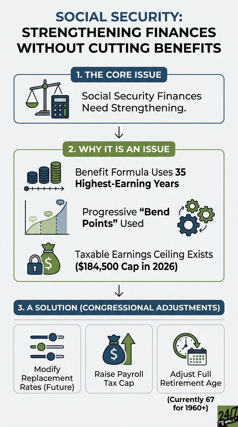 An infographic titled 'Social Security: Strengthening Finances Without Cutting Benefits'. It features three main sections. Section 1, 'The Core Issue', states 'Social Security Finances Need Strengthening' with an icon of a scale and a calculator. Section 2, 'Why It Is An Issue', lists three points: 'Benefit Formula Uses 35 Highest-Earning Years' with stacked coins and a timeline icon; 'Progressive 