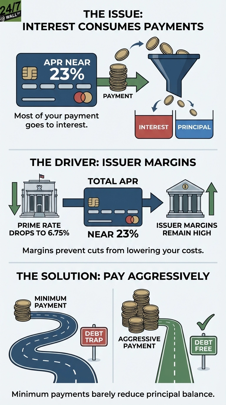 An infographic with three main sections. The first, 'The Issue: Interest Consumes Payments,' shows a credit card with 'APR NEAR 23%'. A stack of coins labeled 'PAYMENT' goes into a funnel, then divides into two containers: a large red one labeled 'INTEREST' and a small blue one labeled 'PRINCIPAL', illustrating that most of the payment goes to interest. The second section, 'The Driver: Issuer Margins,' shows a bank with a downward arrow and text 'PRIME RATE DROPS TO 6.75%', an arrow points to a credit card with 'TOTAL APR NEAR 23%', which then points to another bank with an upward arrow and text 'ISSUER MARGINS REMAIN HIGH'. This section explains that margins prevent cuts from lowering costs. The third section, 'The Solution: Pay Aggressively,' shows two paths. The left path, with a small stack of coins labeled 'MINIMUM PAYMENT', is a winding road leading to a 'DEBT TRAP' sign. The right path, with a large stack of coins labeled 'AGGRESSIVE PAYMENT', is a straight road leading to a 'DEBT FREE' sign with a checkmark. This section states that minimum payments barely reduce the principal balance.