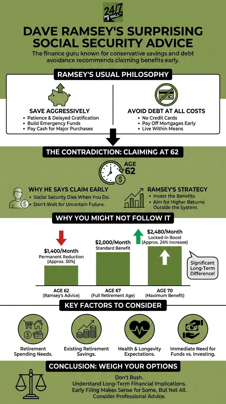 An infographic explaining Dave Ramsey's advice to claim Social Security benefits at age 62, contrasted with his usual debt-avoidance philosophy, and illustrating the financial impact of claiming at different ages (62, 67, 70).