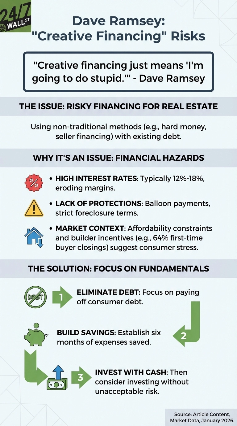 An infographic titled 'Dave Ramsey: 'Creative Financing' Risks'. It features a quote by Dave Ramsey: 'Creative financing just means 'I'm going to do stupid.'' The content is divided into three main sections. The first section, 'The Issue: Risky Financing for Real Estate,' describes using non-traditional methods with existing debt. The second section, 'Why It's an Issue: Financial Hazards,' lists three points with accompanying icons: 'High Interest Rates' with a red percentage sign, 'Lack of Protections' with a yellow warning triangle, and 'Market Context' with a blue house and a downward arrow. The third section, 'The Solution: Focus on Fundamentals,' illustrates a three-step process with green arrows and numbered icons: 1. 'Eliminate Debt' with a green crossed-out debt icon, 2. 'Build Savings' with a green piggy bank icon, and 3. 'Invest with Cash' with a green money icon. The source is 'Article Content, Market Data, January 2026.'