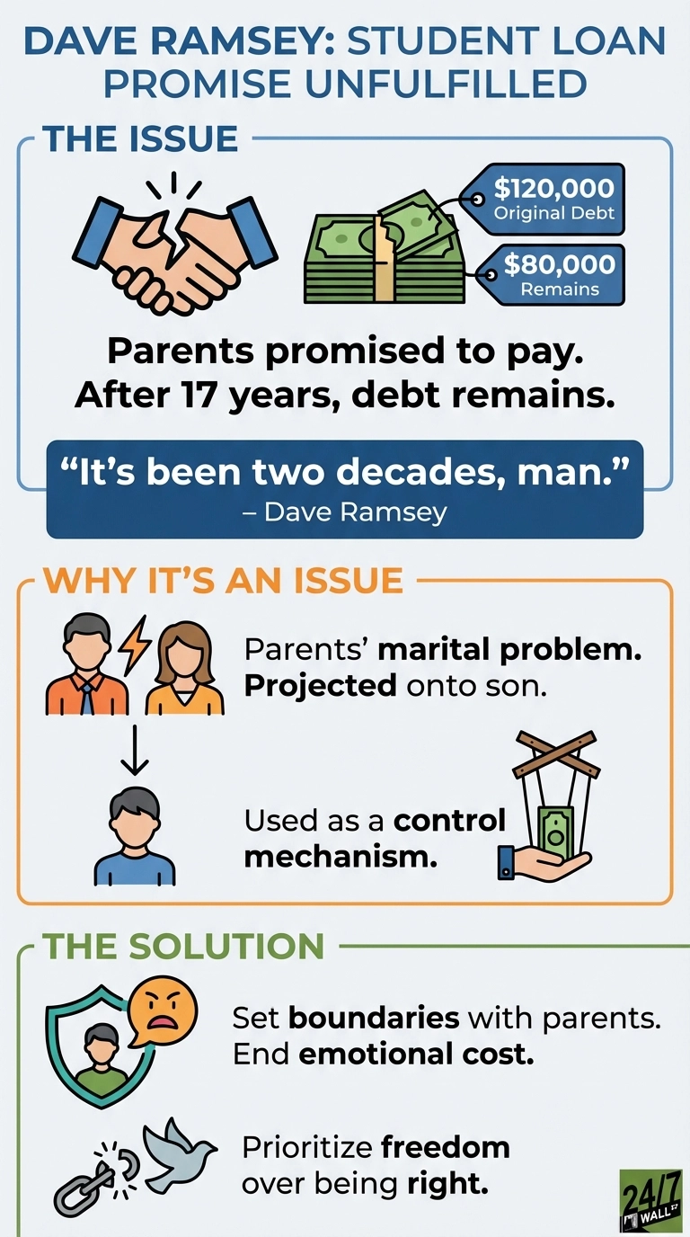 An infographic titled 'Dave Ramsey: Student Loan Promise Unfulfilled'. The top section, 'THE ISSUE', shows hands breaking a handshake next to a stack of money labeled '$120,000 Original Debt' and '$80,000 Remains'. Text states 'Parents promised to pay. After 17 years, debt remains.' followed by Dave Ramsey's quote, '“It’s been two decades, man.”'. The middle section, 'WHY IT’S AN ISSUE', depicts a couple with a lightning bolt between them pointing to a single man, with text 'Parents’ marital problem. Projected onto son.' Below, a man is shown pointing to a hand controlling money with puppet strings, with text 'Used as a control mechanism.' The bottom section, 'THE SOLUTION', shows a shield with a man and an angry speech bubble, with text 'Set boundaries with parents. End emotional cost.' Below, a broken chain and a flying dove are shown, with text 'Prioritize freedom over being right.' The sections are color-coded blue, orange, and green respectively.