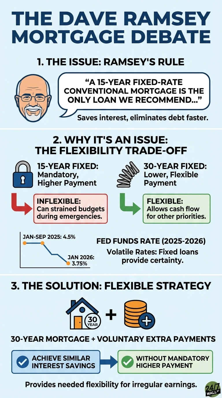 An infographic titled 'The Dave Ramsey Mortgage Debate' on a light blue background. Section 1, 'The Issue: Ramsey's Rule,' features a smiling cartoon of Dave Ramsey with a quote bubble stating, 'A 15-year fixed-rate conventional mortgage is the only loan we recommend...' and text below, 'Saves interest, eliminates debt faster.' Section 2, 'Why It's an Issue: The Flexibility Trade-Off,' compares two options: a blue padlock icon represents '15-YEAR FIXED: Mandatory, Higher Payment' leading to a red box labeled 'INFLEXIBLE: Can strain strained budgets during emergencies.' A spring icon represents '30-YEAR FIXED: Lower, Flexible Payment' leading to a green box labeled 'FLEXIBLE: Allows cash flow for other priorities.' Below this, a line graph titled 'FED FUNDS RATE (2025-2026)' shows a rate of 4.5% for Jan-Sep 2025 decreasing to 3.75% for Jan 2026, with text 'Volatile Rates: Fixed loans provide certainty.' Section 3, 'The Solution: Flexible Strategy,' displays a house icon with a '30 Year' badge, a plus sign, and a stack of coins with a plus sign, illustrating '30-YEAR MORTGAGE + VOLUNTARY EXTRA PAYMENTS.' Two green checkmark boxes indicate 'ACHIEVE SIMILAR INTEREST SAVINGS' and 'WITHOUT MANDATORY HIGHER PAYMENT,' with an arrow connecting them. The concluding text reads, 'Provides needed flexibility for irregular earnings.' A '24/7 Wall St.' logo is in the bottom right corner.