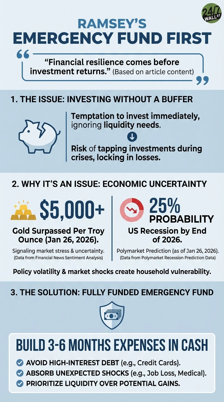 An infographic titled 'Ramsey's Emergency Fund First' with a header quote: 'Financial resilience comes before investment returns.' Section 1, 'The Issue: Investing Without a Buffer,' shows a cracked piggy bank icon and lists risks like ignoring liquidity and locking in losses. Section 2, 'Why It's An Issue: Economic Uncertainty,' displays two data points: gold bars and '$5,000+' indicating 'Gold Surpassed Per Troy Ounce (Jan 26, 2026)' and a red downward trend icon with '25% PROBABILITY' for 'US Recession by End of 2026 (Polymarket Prediction, Jan 26, 2026).' It notes that policy volatility and market shocks create household vulnerability. Section 3, 'The Solution: Fully Funded Emergency Fund,' features a shield with cash icon and states 'BUILD 3-6 MONTHS EXPENSES IN CASH,' followed by three check-marked benefits: avoid high-interest debt, absorb unexpected shocks, and prioritize liquidity. The background is light blue.