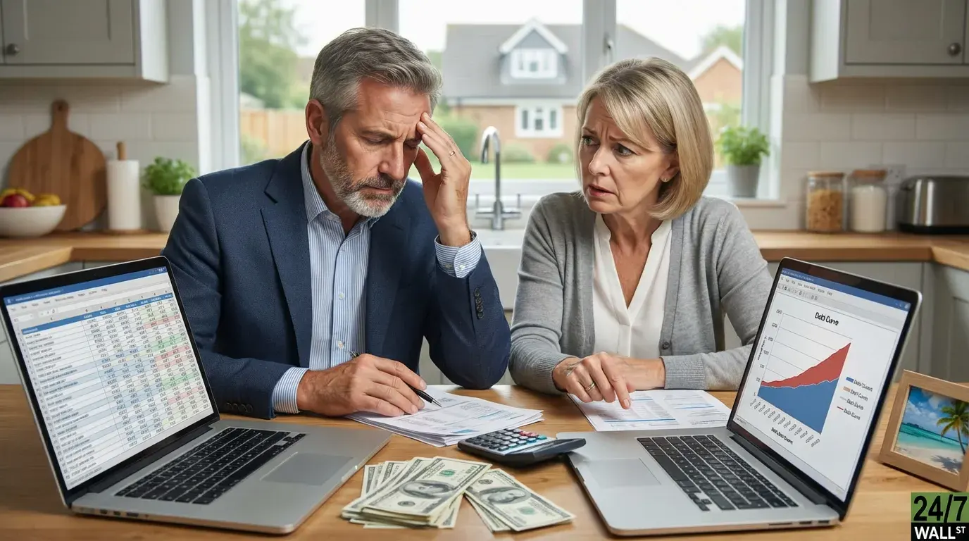 A distressed middle-aged Caucasian couple sits at a wooden kitchen table. The man, with grey hair and a beard, wearing a blue suit jacket, rests his hand on his forehead, looking at financial papers. The woman, with blonde hair and a grey cardigan, looks at him with a worried expression. Two silver laptops display a spreadsheet and a 'Debt Curve' graph. A calculator and stacks of hundred-dollar bills are on the table, with kitchen cabinets and a window visible in the background.