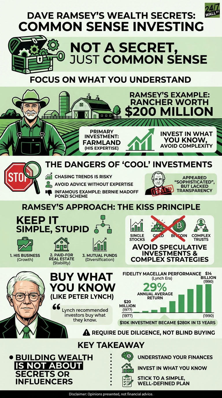 An infographic explaining Dave Ramsey's common-sense investment principles, featuring illustrations of a treasure chest, a rancher, a stop sign, Bernie Madoff, Peter Lynch, and financial charts.