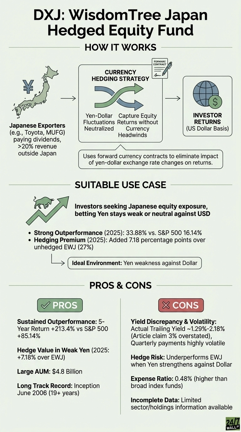 An infographic titled 'DXJ: WisdomTree Japan Hedged Equity Fund'. It is divided into three sections: 'How It Works', 'Suitable Use Case', and 'Pros &amp; Cons'. The 'How It Works' section features a map of Japan with the Yen symbol, a diagram of currency hedging with arrows indicating yen-dollar fluctuations neutralized by forward contracts, leading to investor returns in US dollars. The 'Suitable Use Case' section explains it's for investors betting on a weak or neutral yen, citing strong outperformance (33.88% vs S&amp;P 500 16.14% in 2025) and hedging premium. The 'Pros &amp; Cons' section lists: Pros include sustained outperformance (5-Year Return +213.4% vs S&amp;P 500 +85.14%), hedge value in a weak yen, large AUM ($4.8 Billion), and a long track record (inception June 2006). Cons include yield discrepancy and volatility, hedge risk (underperforms when Yen strengthens), an expense ratio of 0.48%, and incomplete sector/holdings data. The overall design uses a light green, white, and gray color palette with dark text.