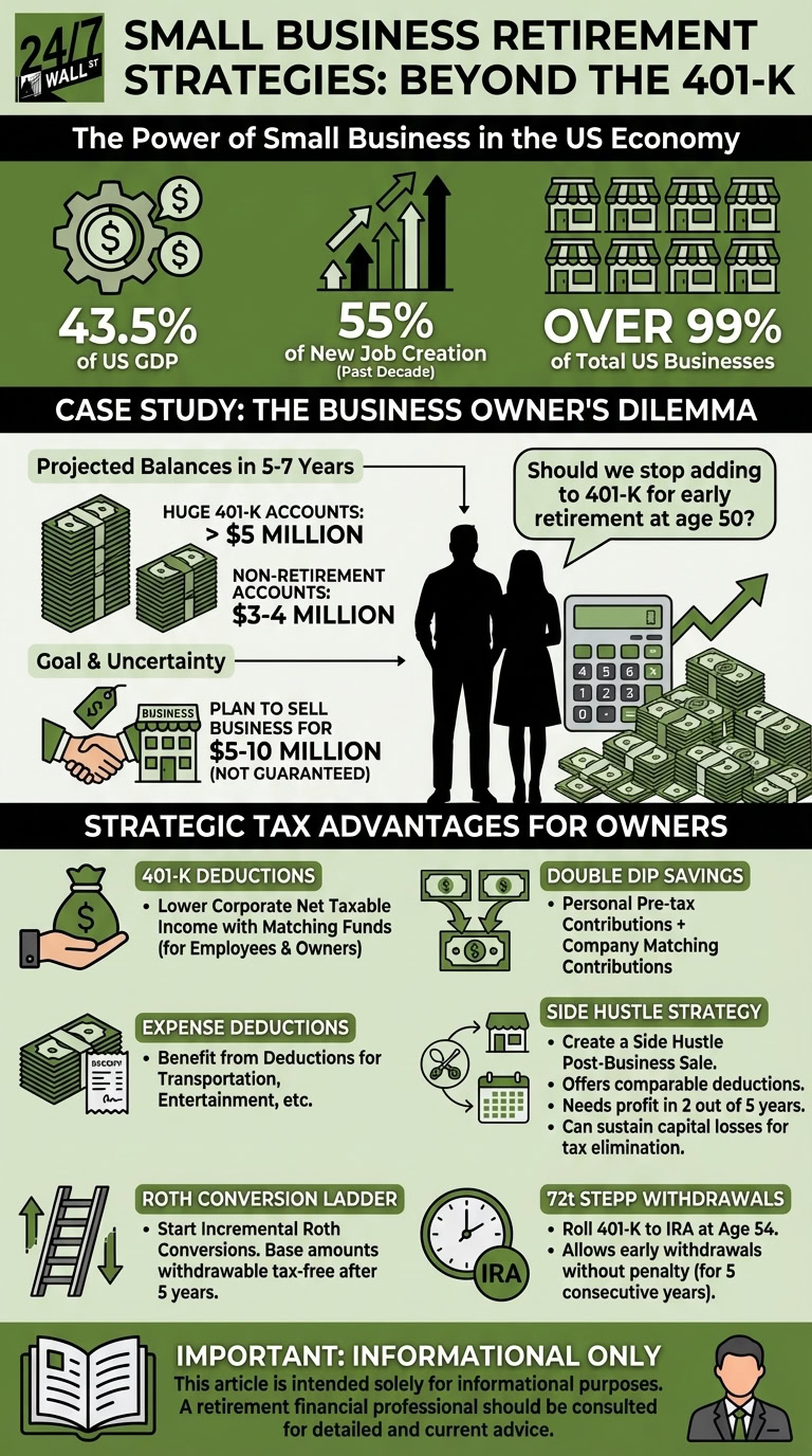 An infographic titled 'Small Business Retirement Strategies: Beyond the 401-K' features sections on small business economic impact, a business owner's dilemma with 401k balances and early retirement, and six strategic tax advantages for owners, including Roth conversions and 72t withdrawals.